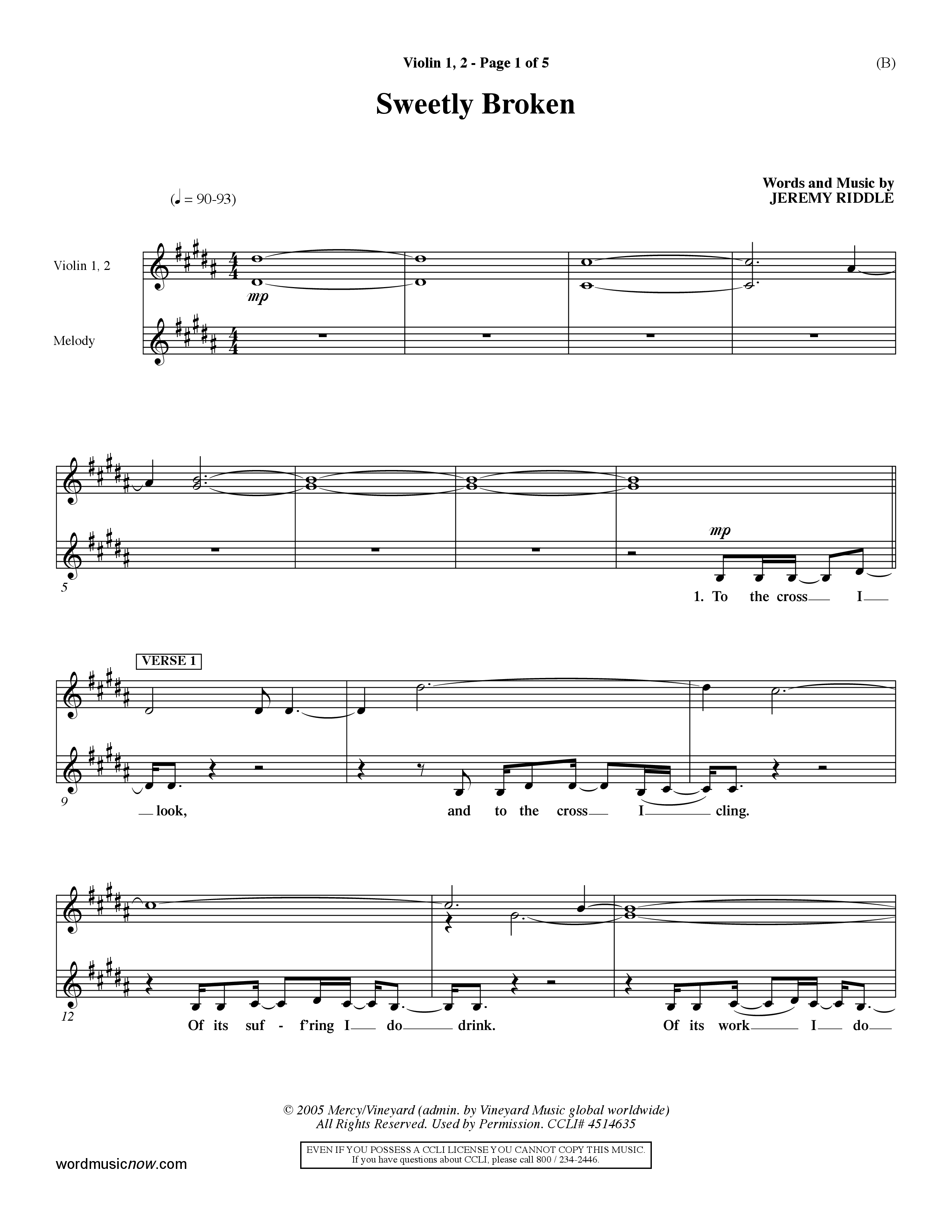 Sweetly Broken (Choral Anthem SATB) Violin 1/2 (Word Music Choral / Arr. Jeremy Riddle)