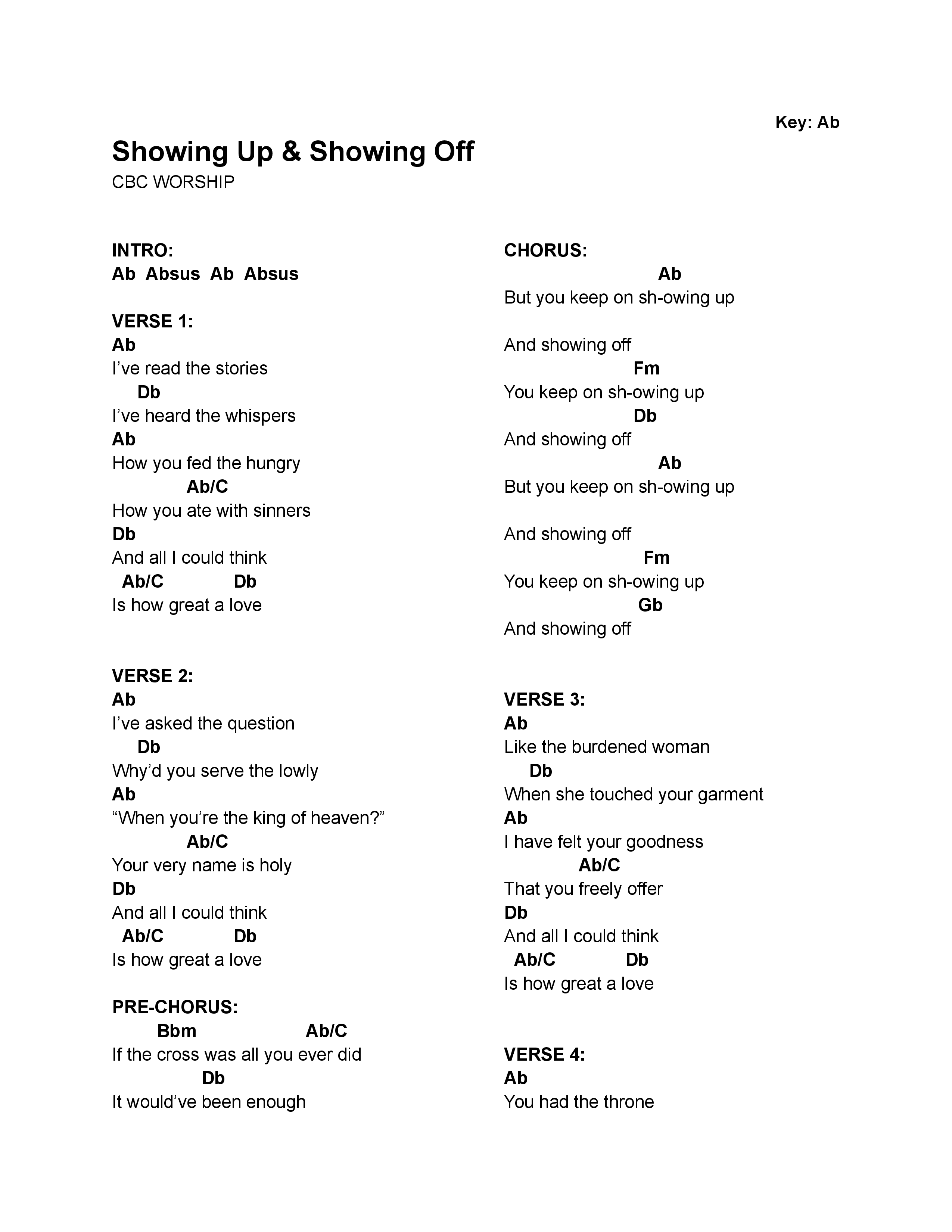 Showing Up and Showing Off Chord Chart (CBC Worship)