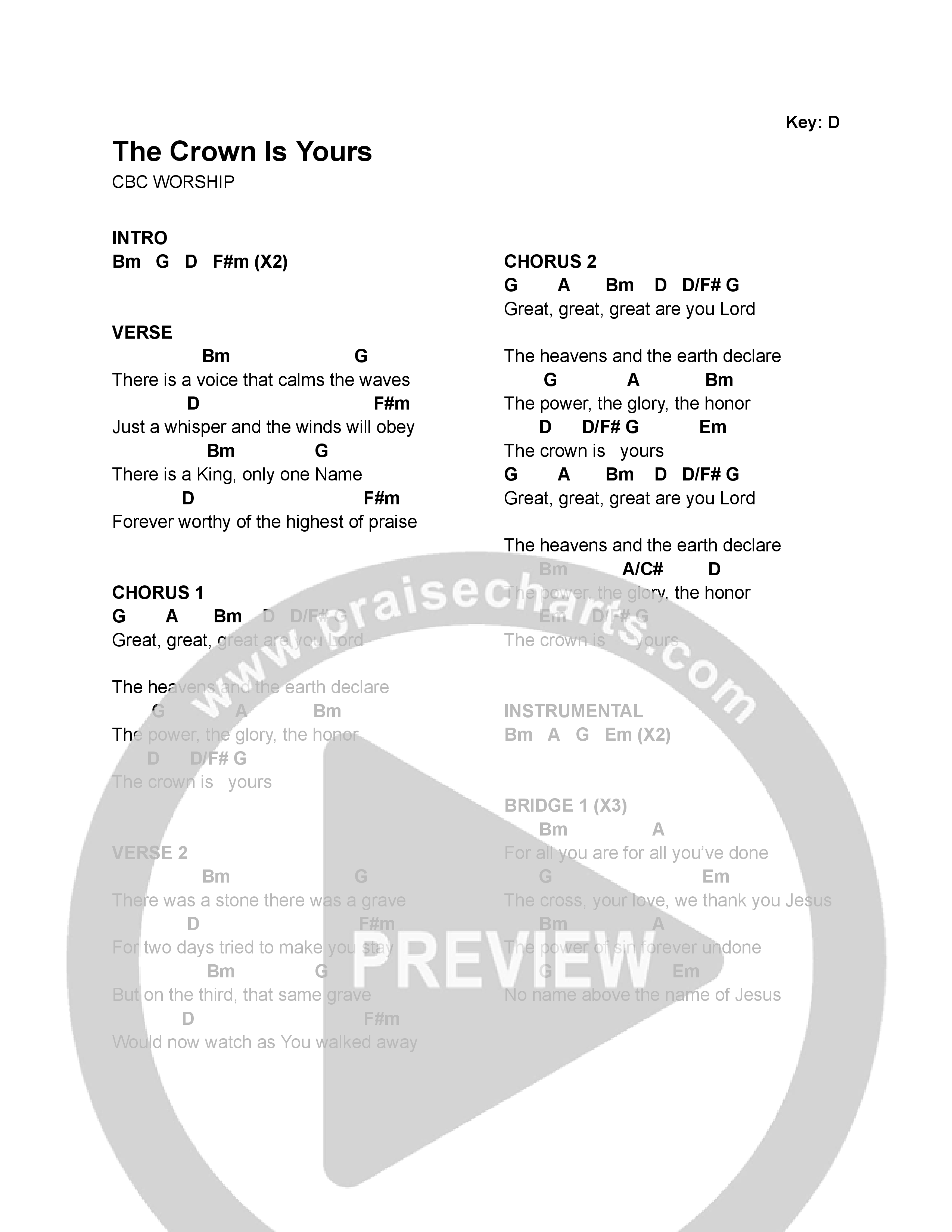 The Crown Is Yours Chord Chart (CBC Worship)