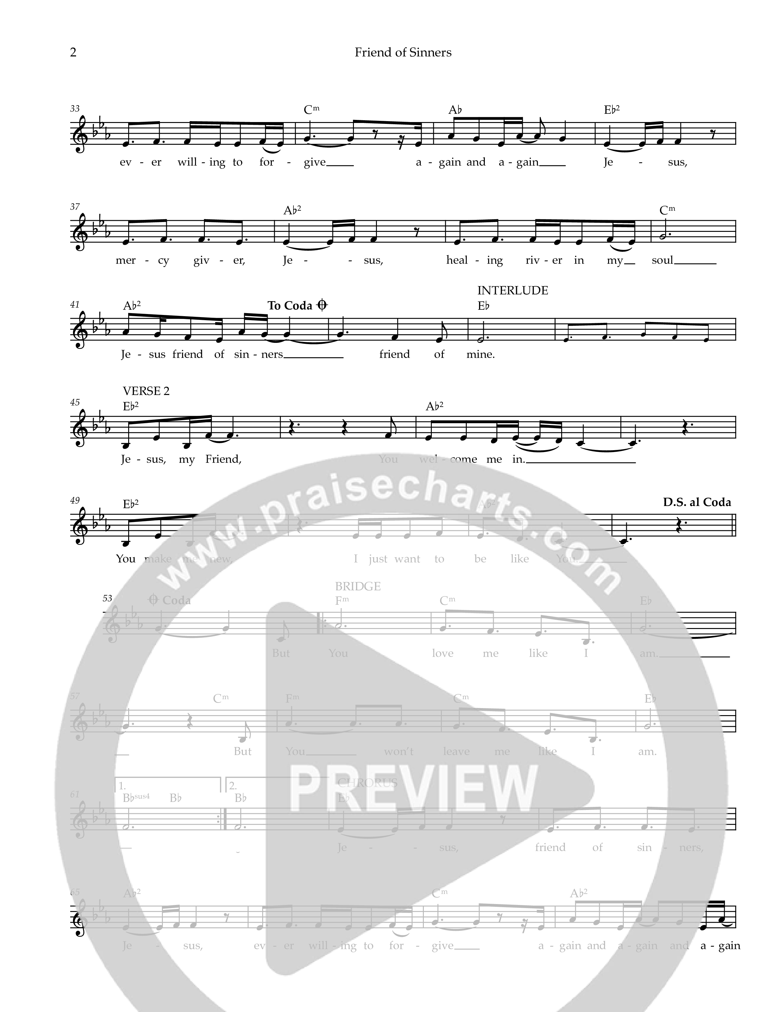 Friend Of Sinners Lead Sheet Melody (Ezra Worship Initiative)