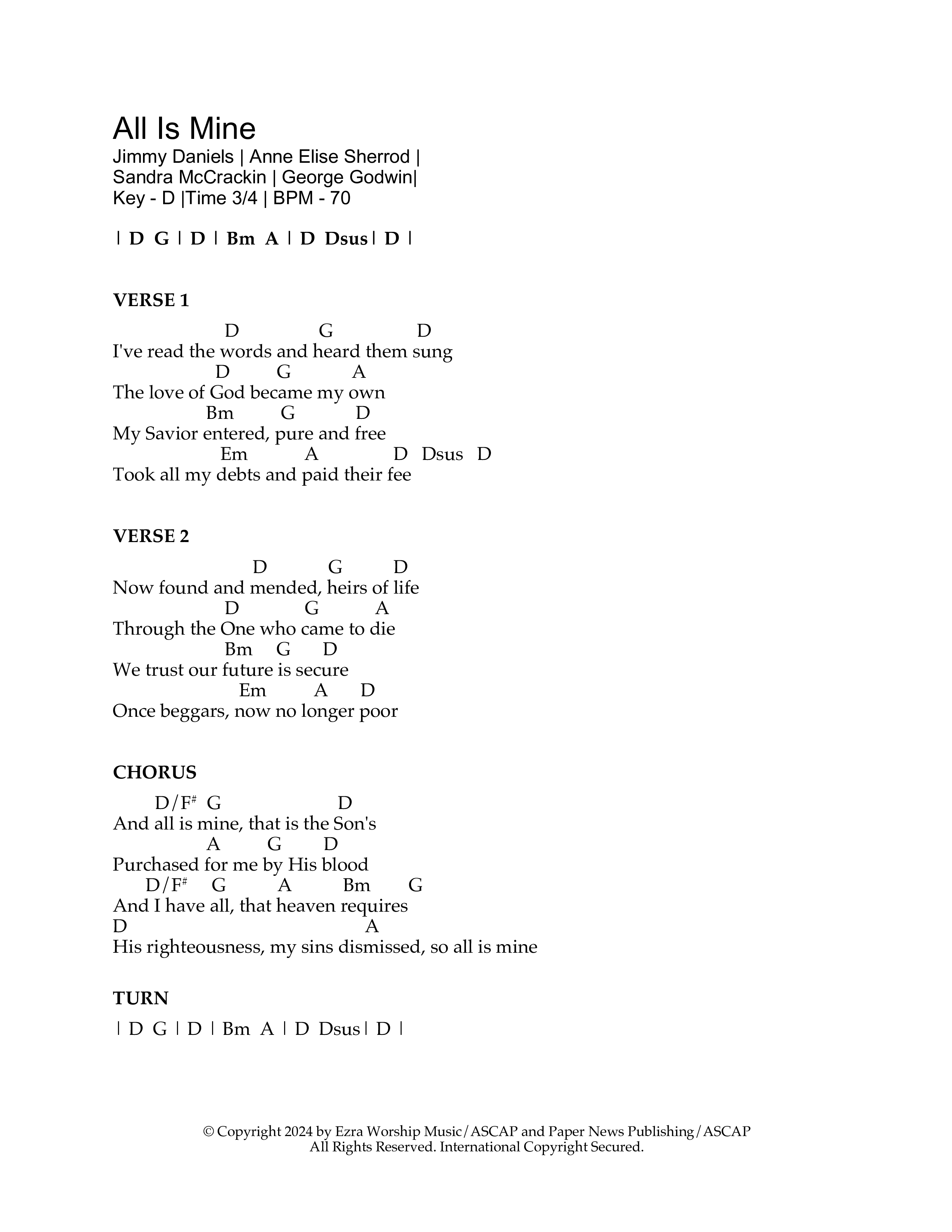 All Is Mine Chord Chart (Ezra Worship Initiative)