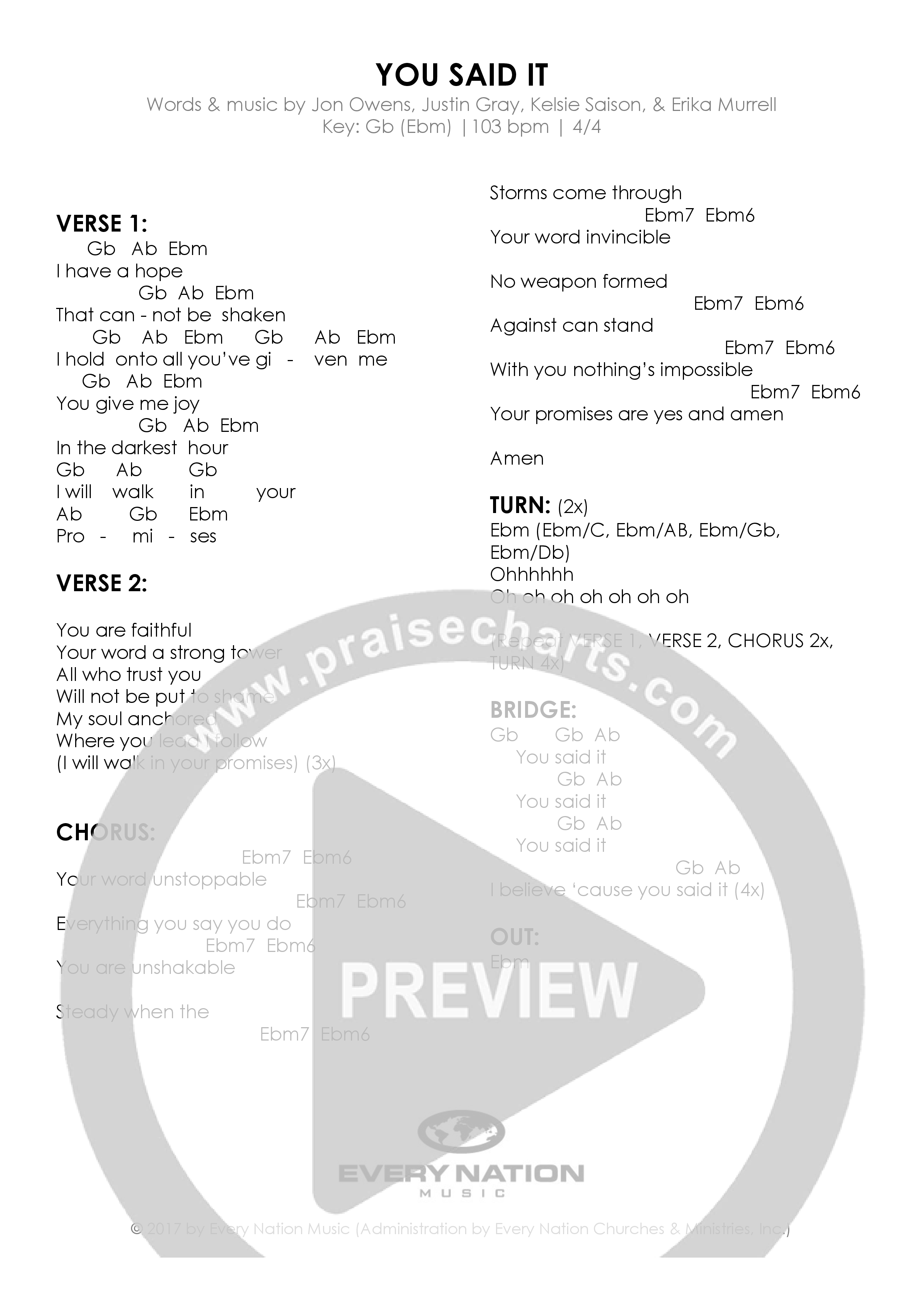 You Said It Chord Chart (Every Nation Music / Jon Owens)
