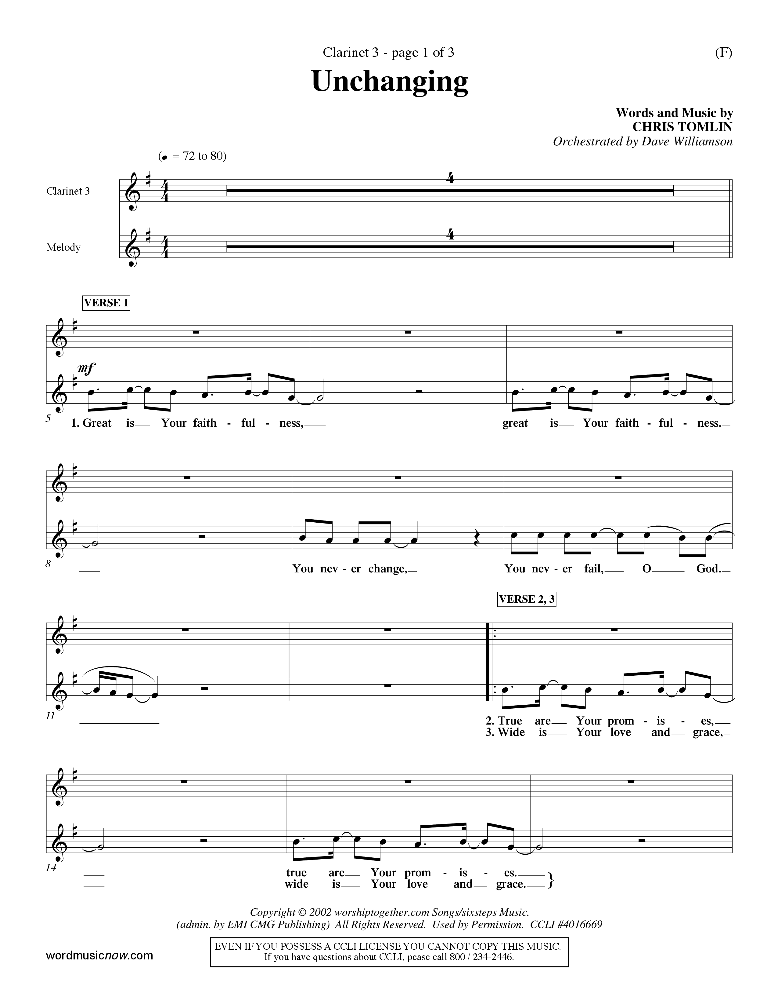 Unchanging (Choral Anthem SATB) Clarinet 3 (Word Music Choral / Orch. Dave Williamson)