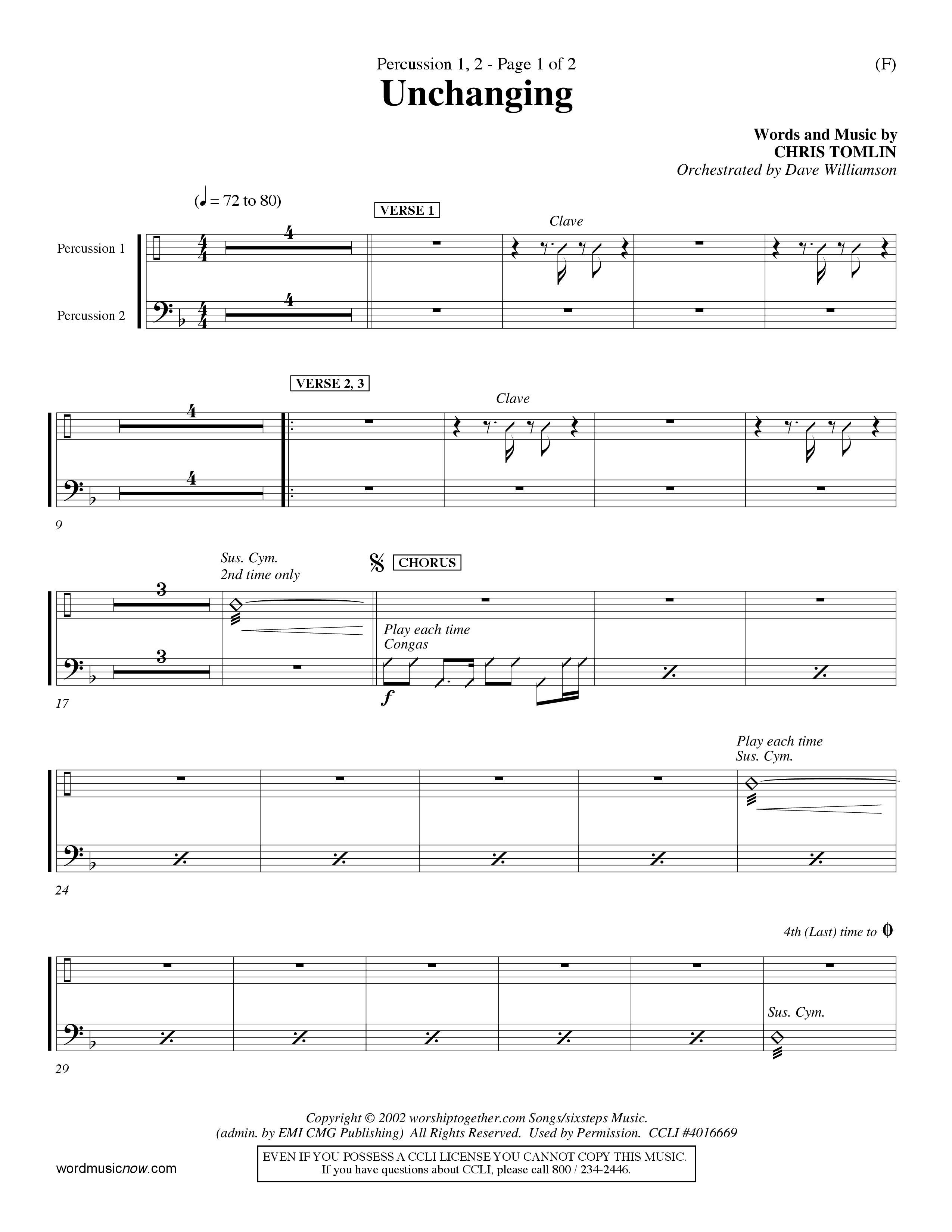 Unchanging (Choral Anthem SATB) Percussion 1/2 (Word Music Choral / Orch. Dave Williamson)