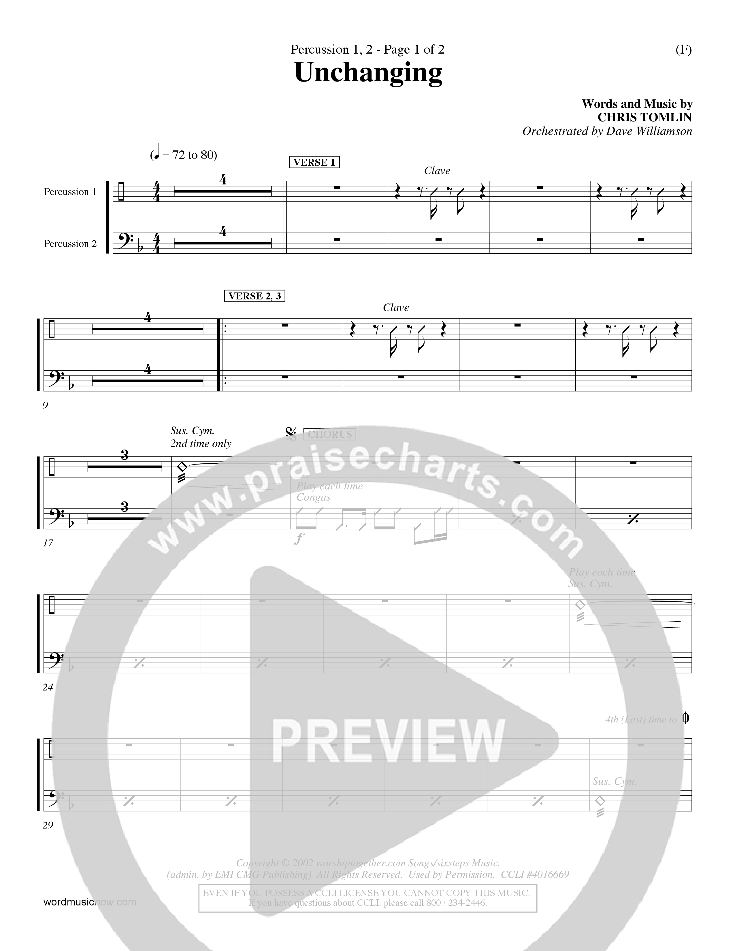 Unchanging (Choral Anthem SATB) Percussion 1/2 (Word Music Choral / Orch. Dave Williamson)
