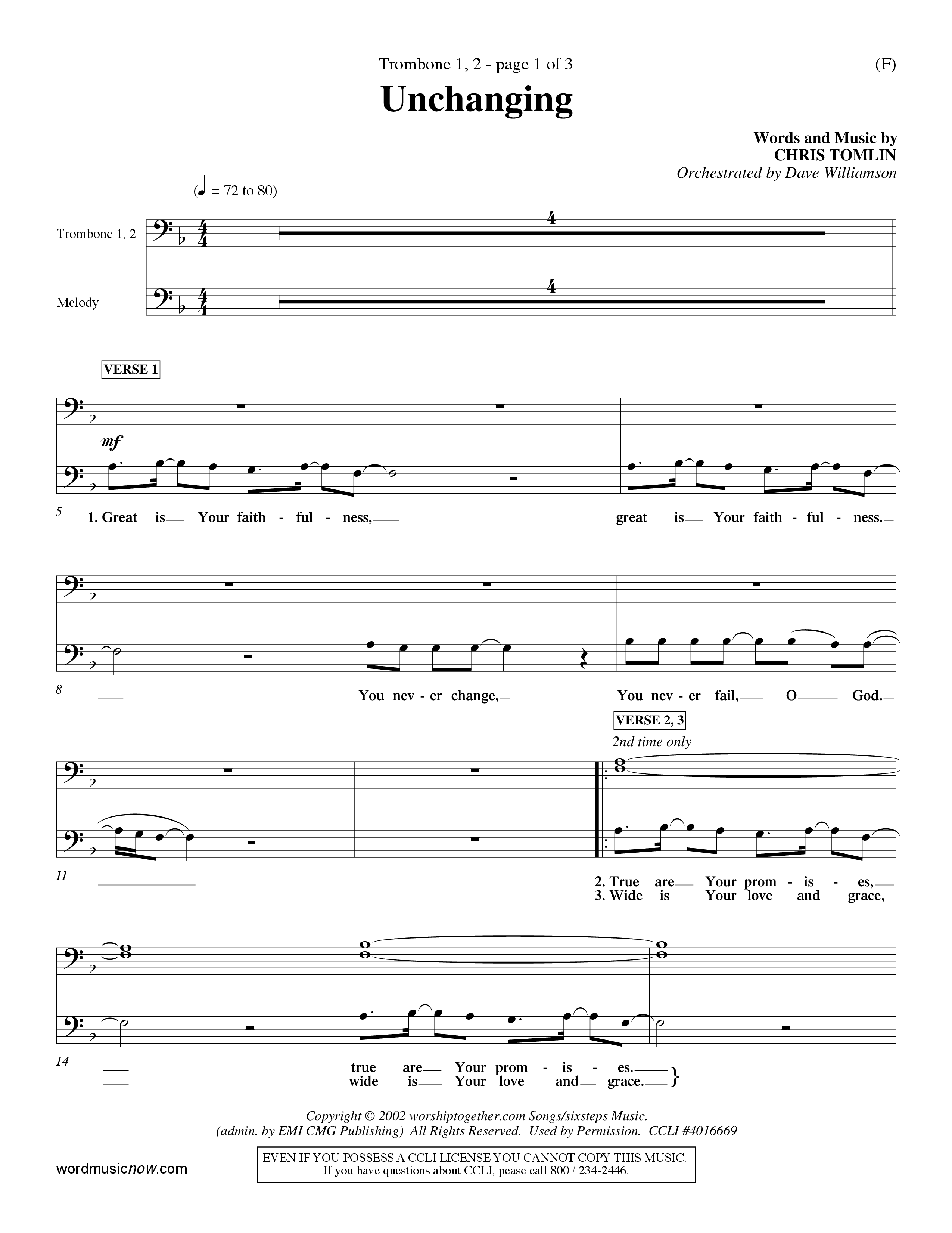 Unchanging (Choral Anthem SATB) Trombone 1/2 (Word Music Choral / Orch. Dave Williamson)