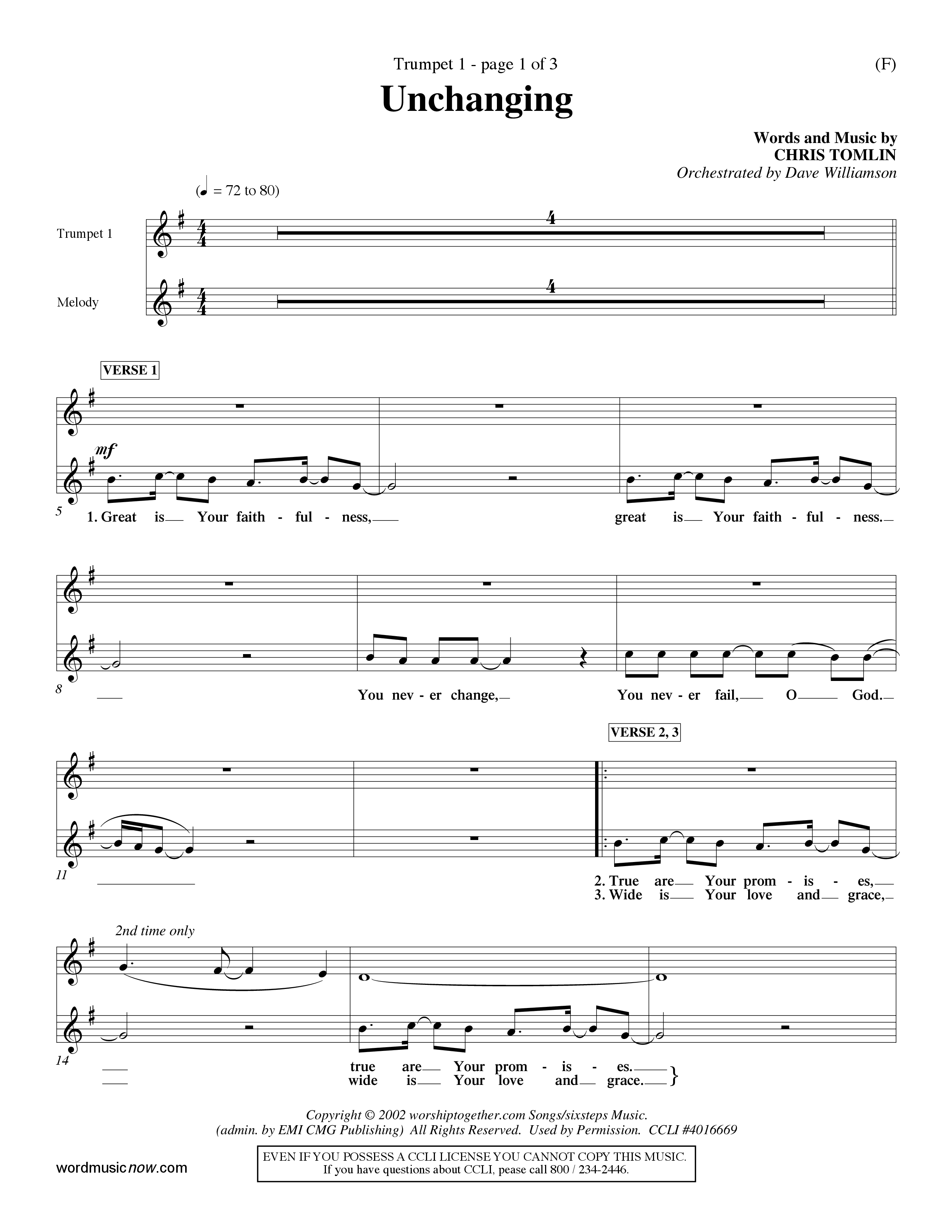 Unchanging (Choral Anthem SATB) Trumpet 1 (Word Music Choral / Orch. Dave Williamson)