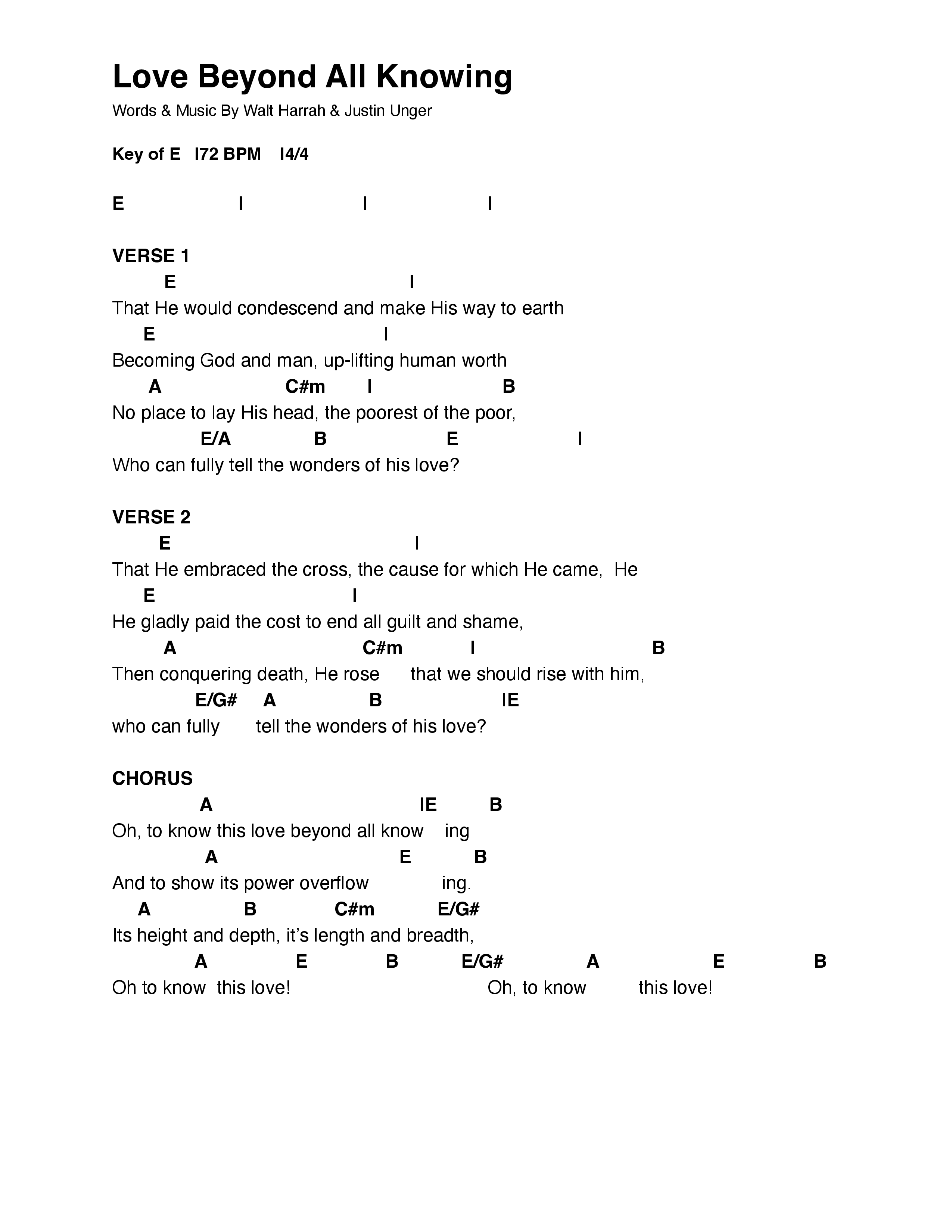 Love Beyond All Knowing Chord Chart (Justin Unger)