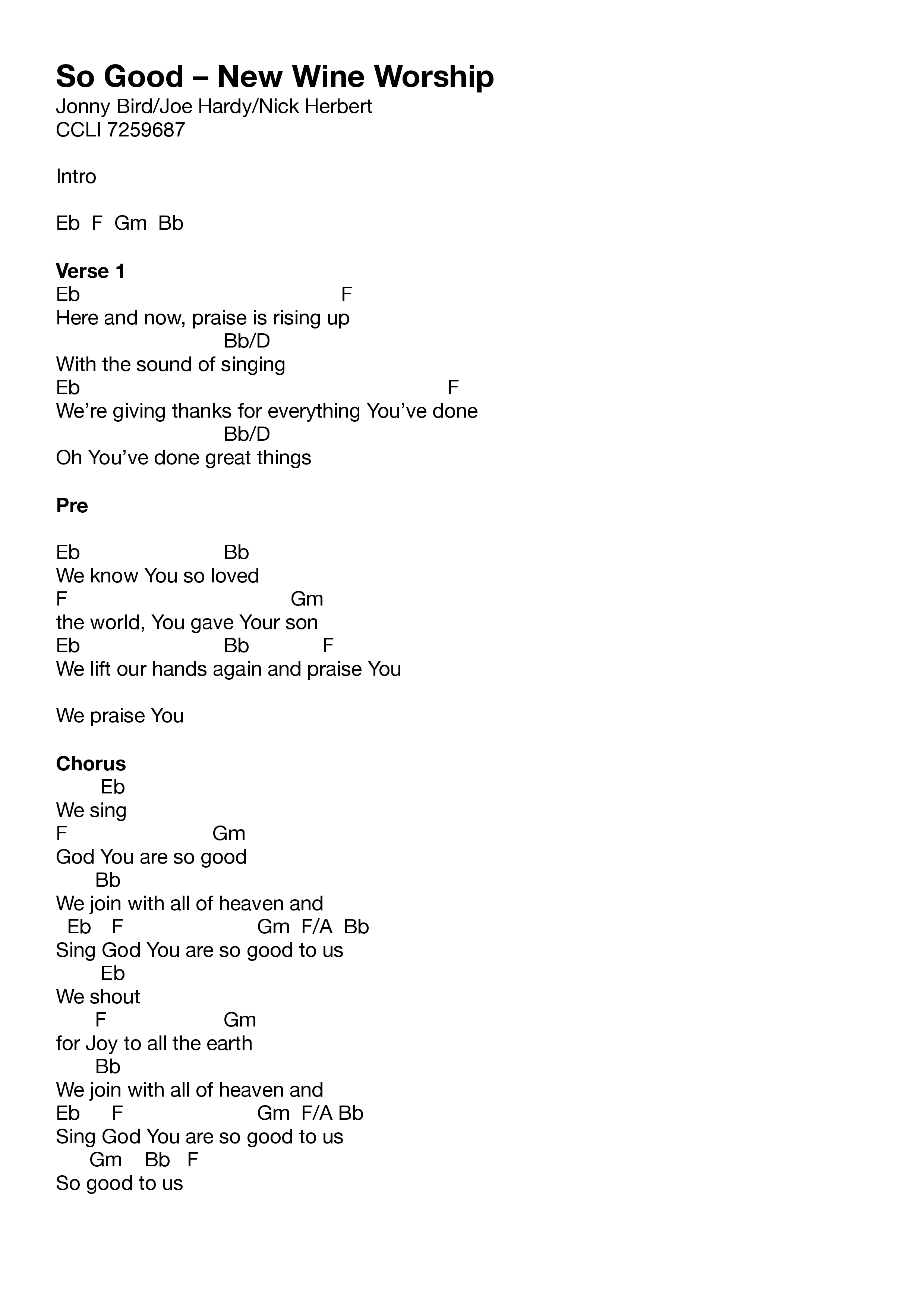 So Good Chord Chart (New Wine Worship)
