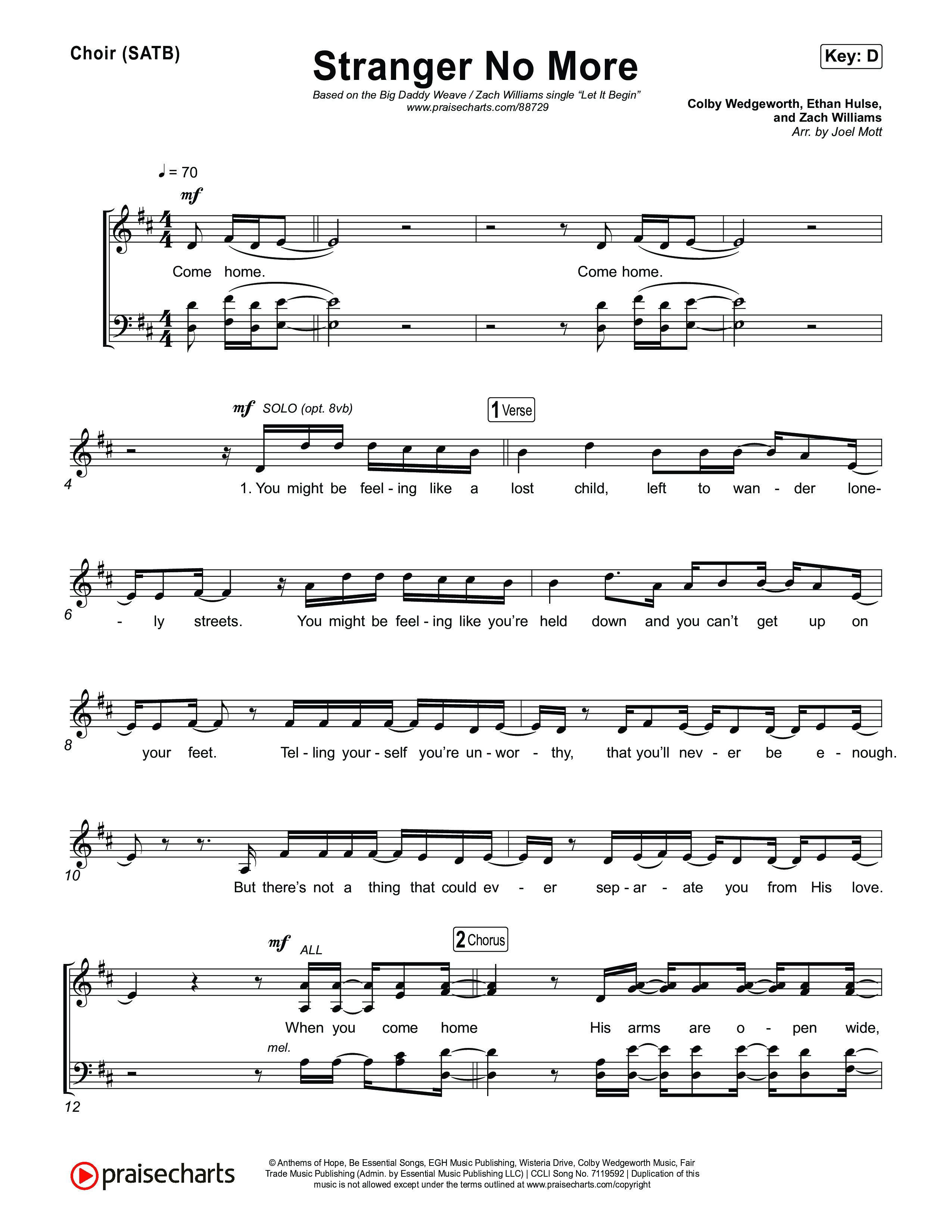 Stranger No More Choir Sheet (SATB) (Big Daddy Weave / Zach Williams)