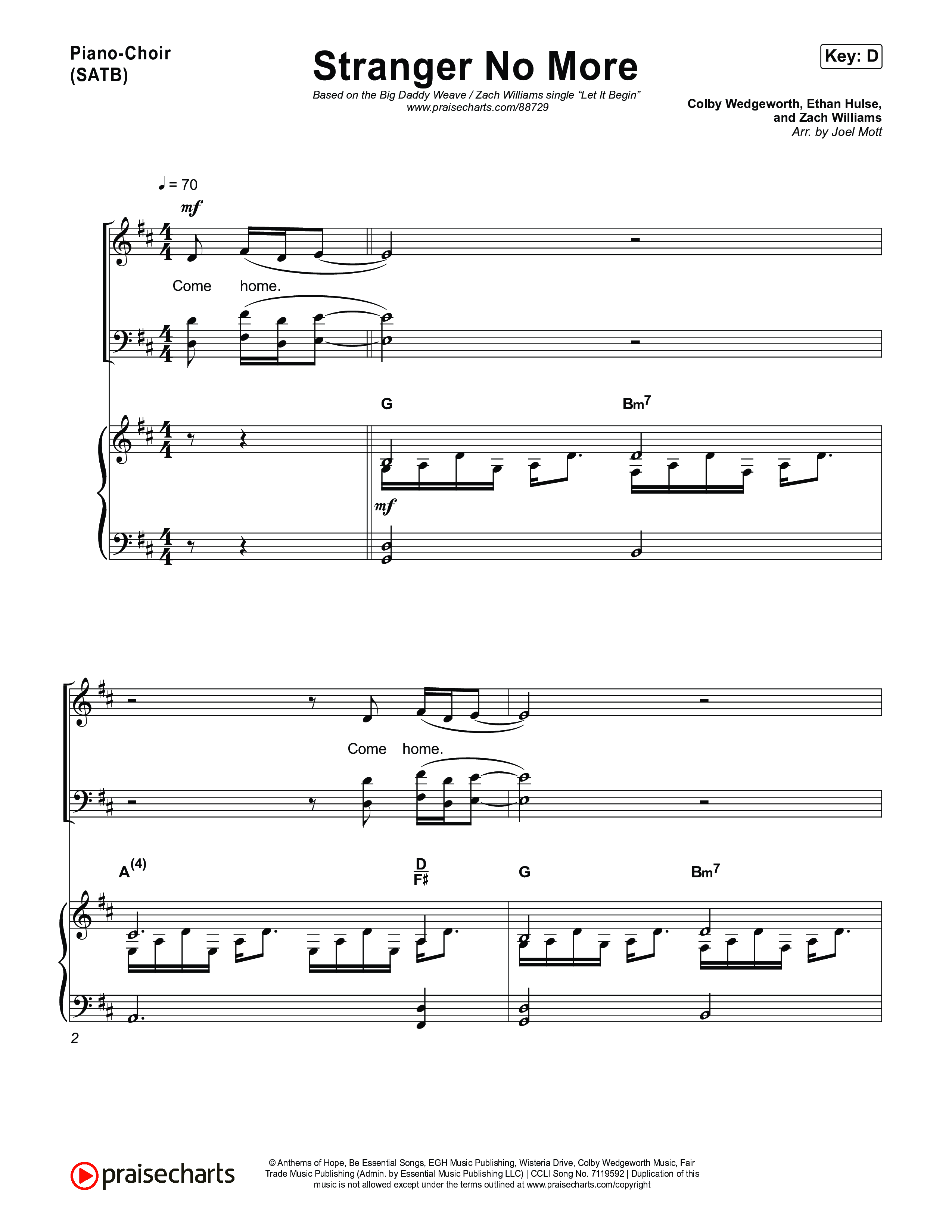 Stranger No More Piano/Vocal Pack (Big Daddy Weave / Zach Williams)