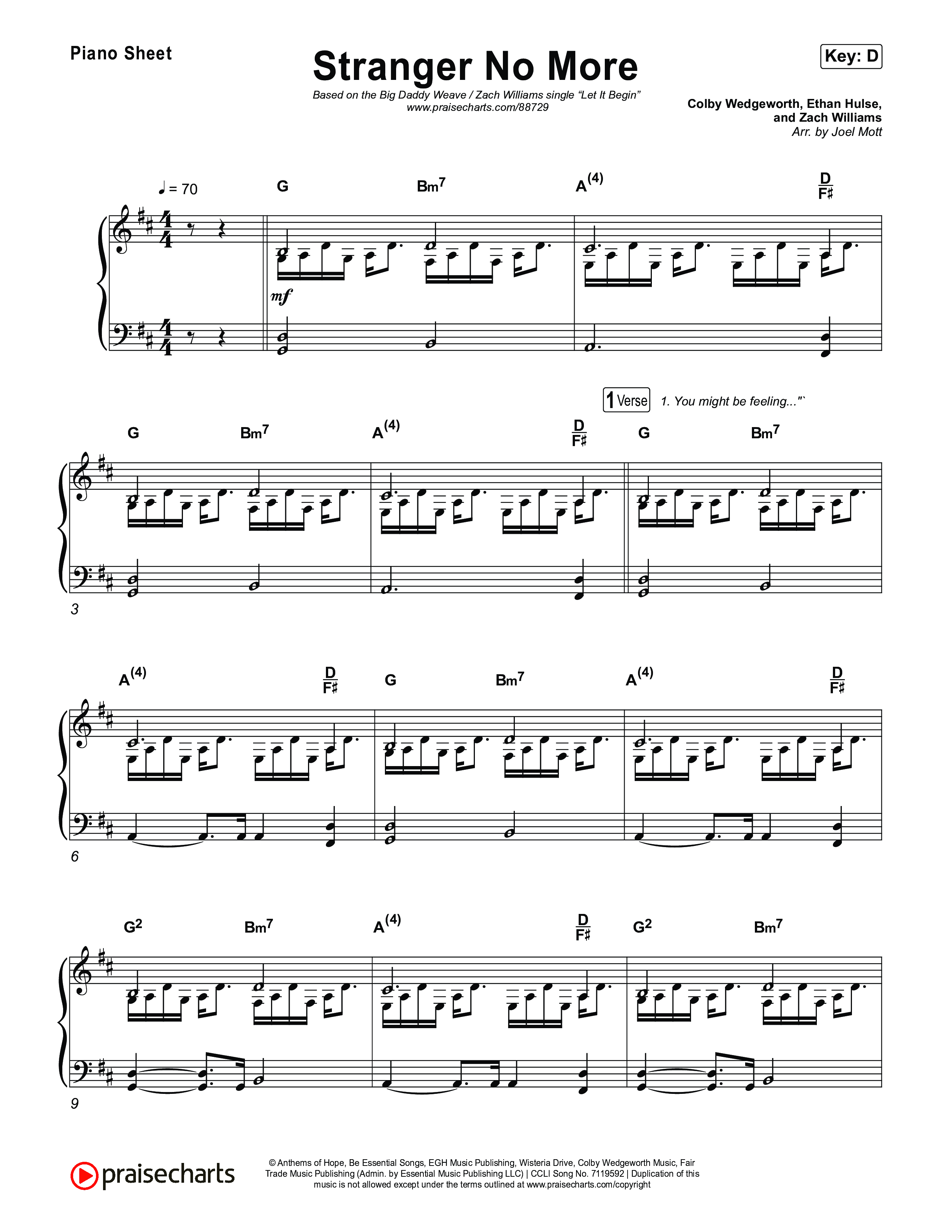 Stranger No More Piano Sheet (Big Daddy Weave / Zach Williams)