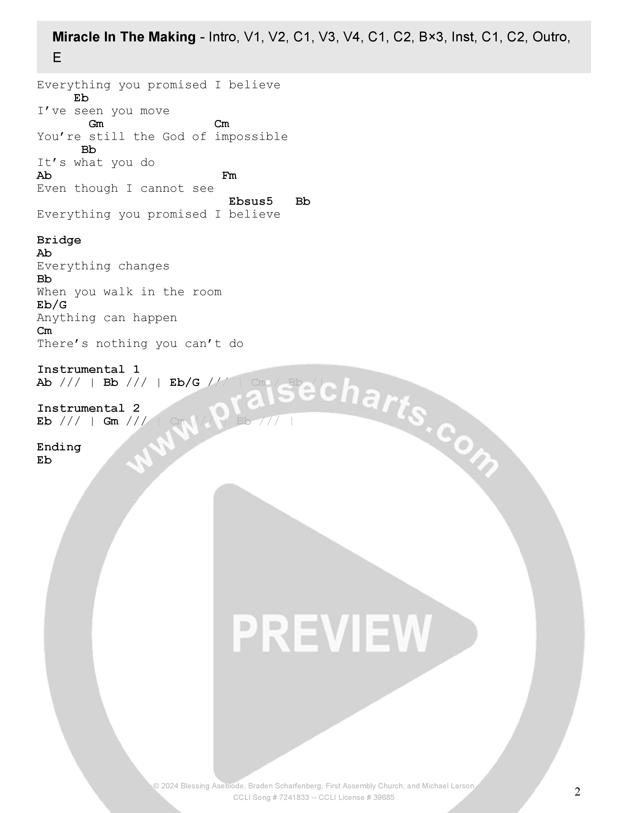 Miracle In The Making Chord Chart (Tehillah Worship)