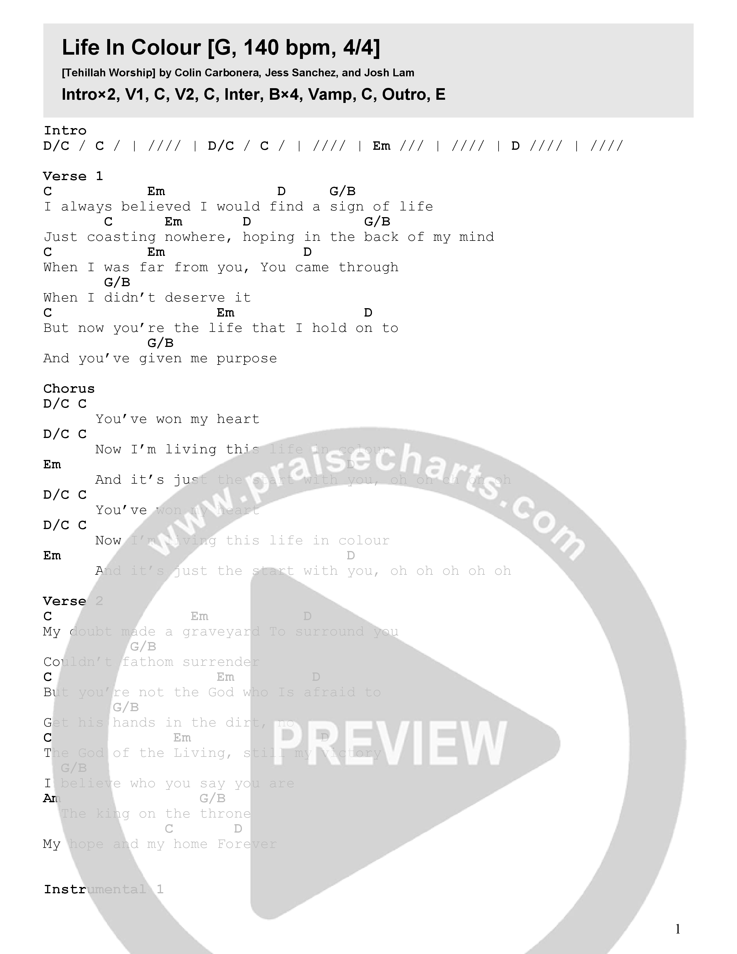 Life In Colour Chord Chart (Tehillah Worship)