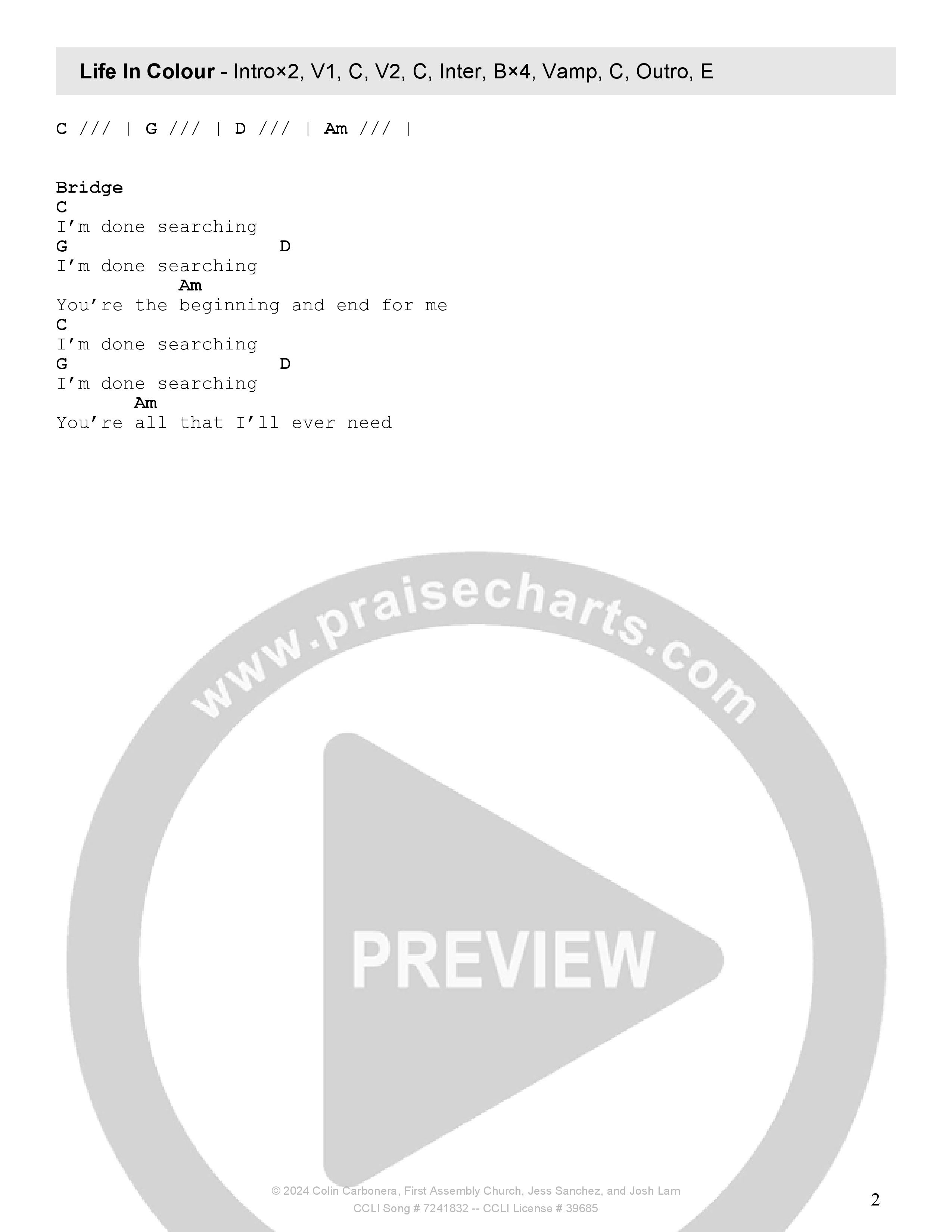 Life In Colour Chord Chart (Tehillah Worship)