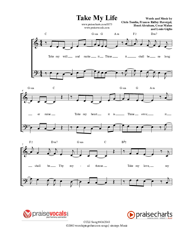 Take My Life Lead Sheet (PraiseVocals)