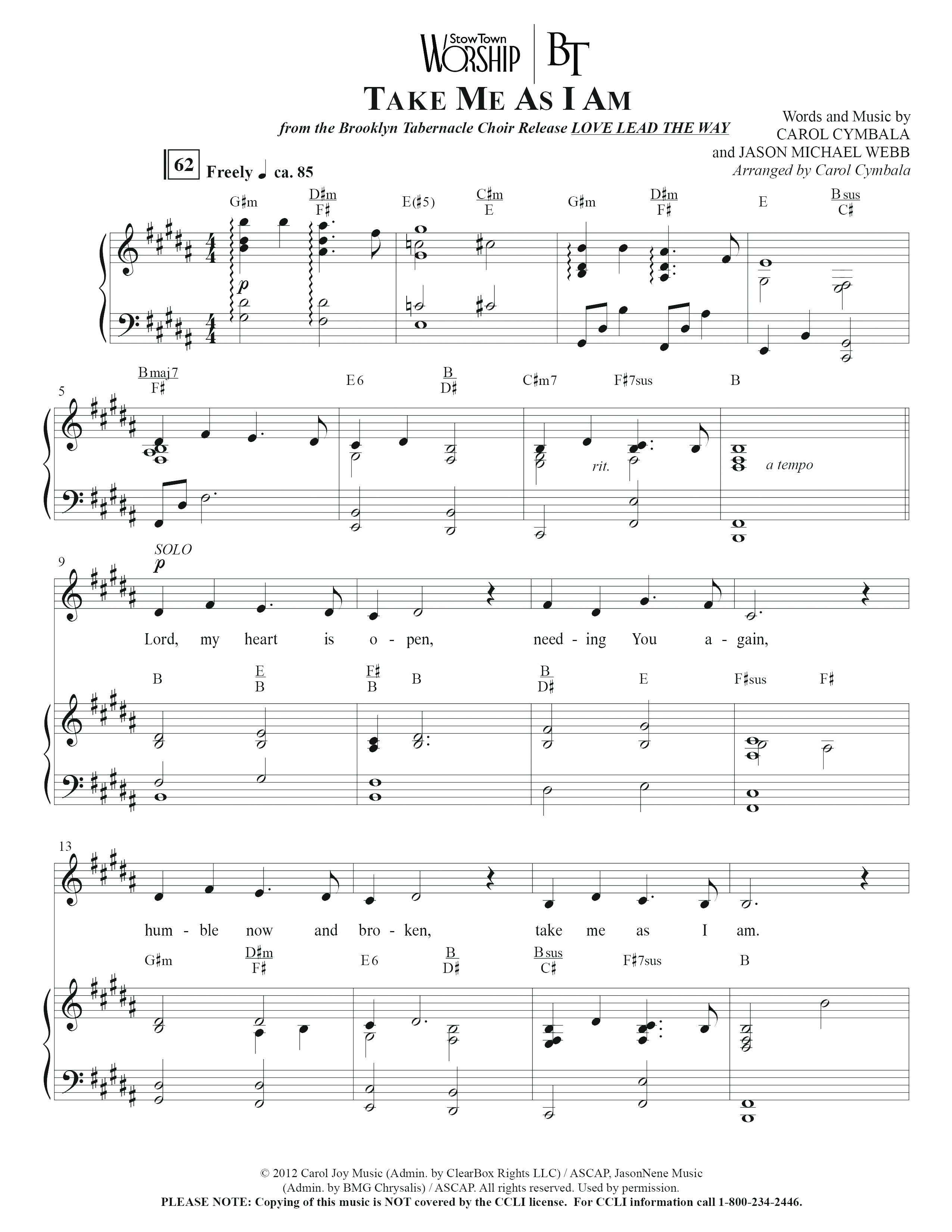 Take Me As I Am (Choral Anthem SATB) Anthem (SATB/Piano) (The Brooklyn Tabernacle Choir / Arr. Carol Cymbala / Orch. Jason Michael Webb)