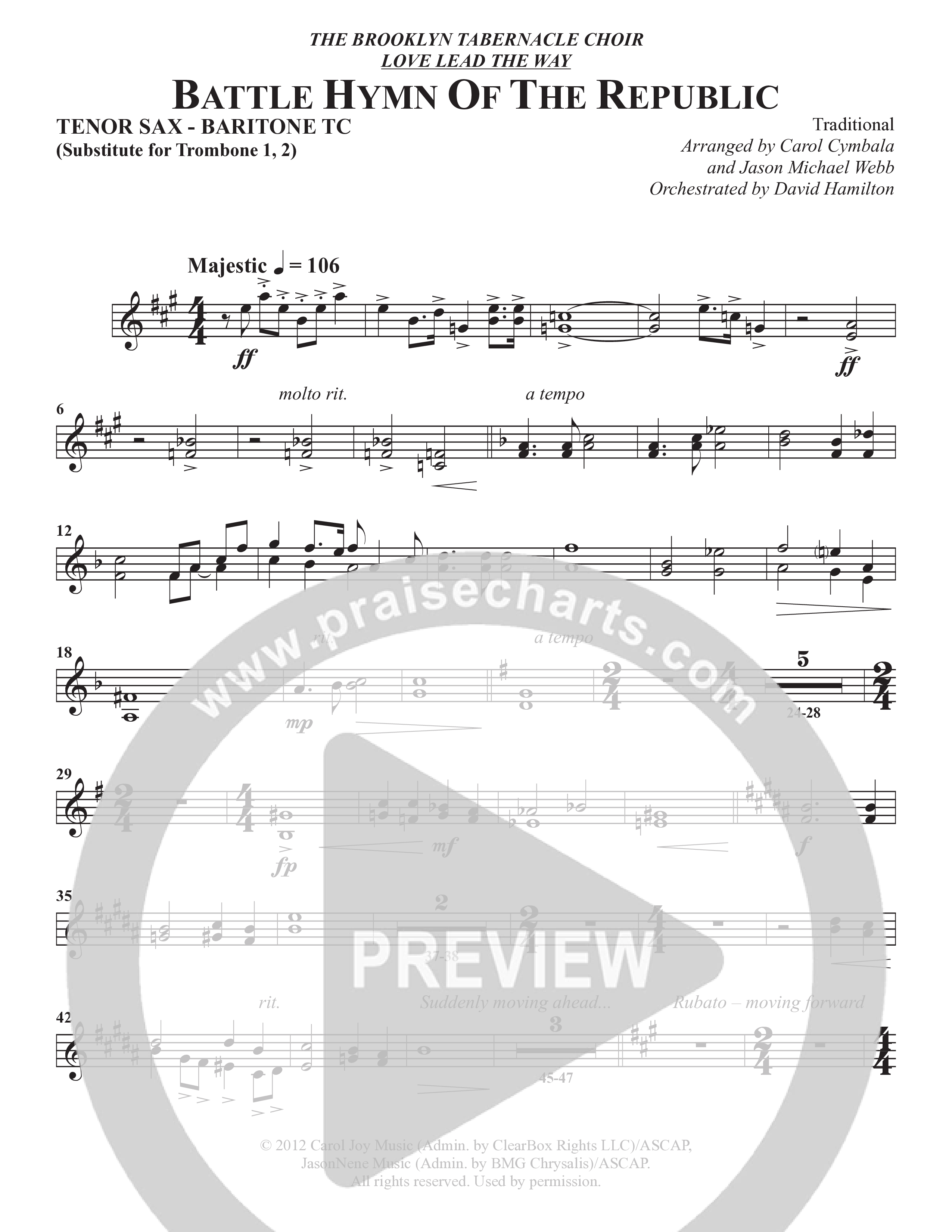 Battle Hymn Of The Republic (Choral Anthem SATB) Tenor Sax/Baritone T.C. (The Brooklyn Tabernacle Choir / Arr. Carol Cymbala / Arr. Jason Webb / Orch. David Hamilton)