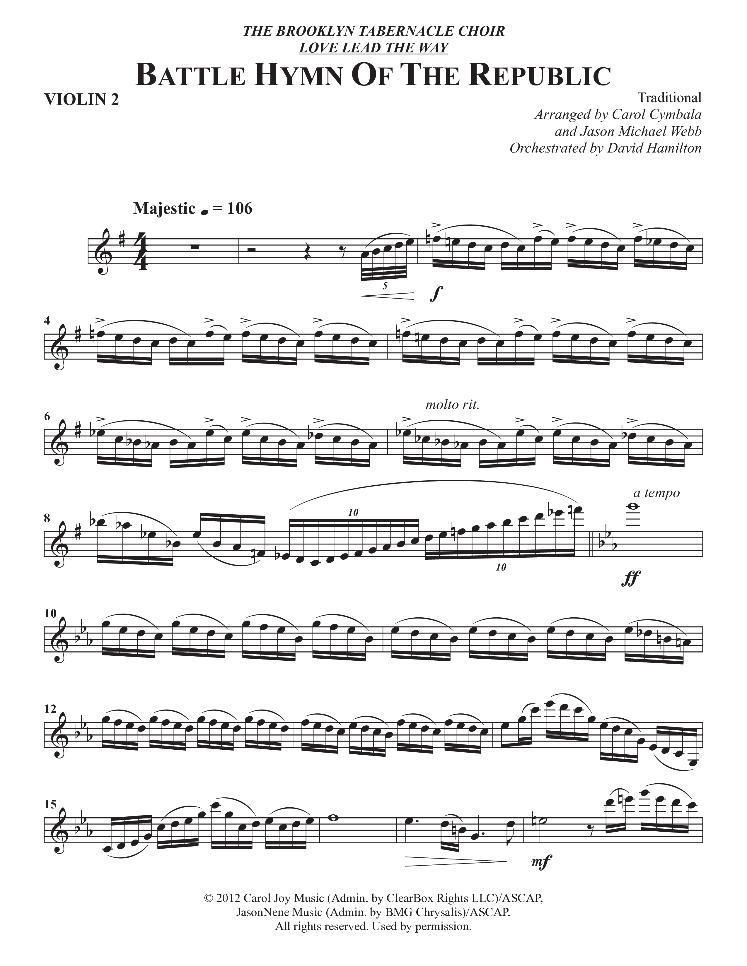 Battle Hymn Of The Republic (Choral Anthem SATB) Violin 2 (The Brooklyn Tabernacle Choir / Arr. Carol Cymbala / Arr. Jason Webb / Orch. David Hamilton)