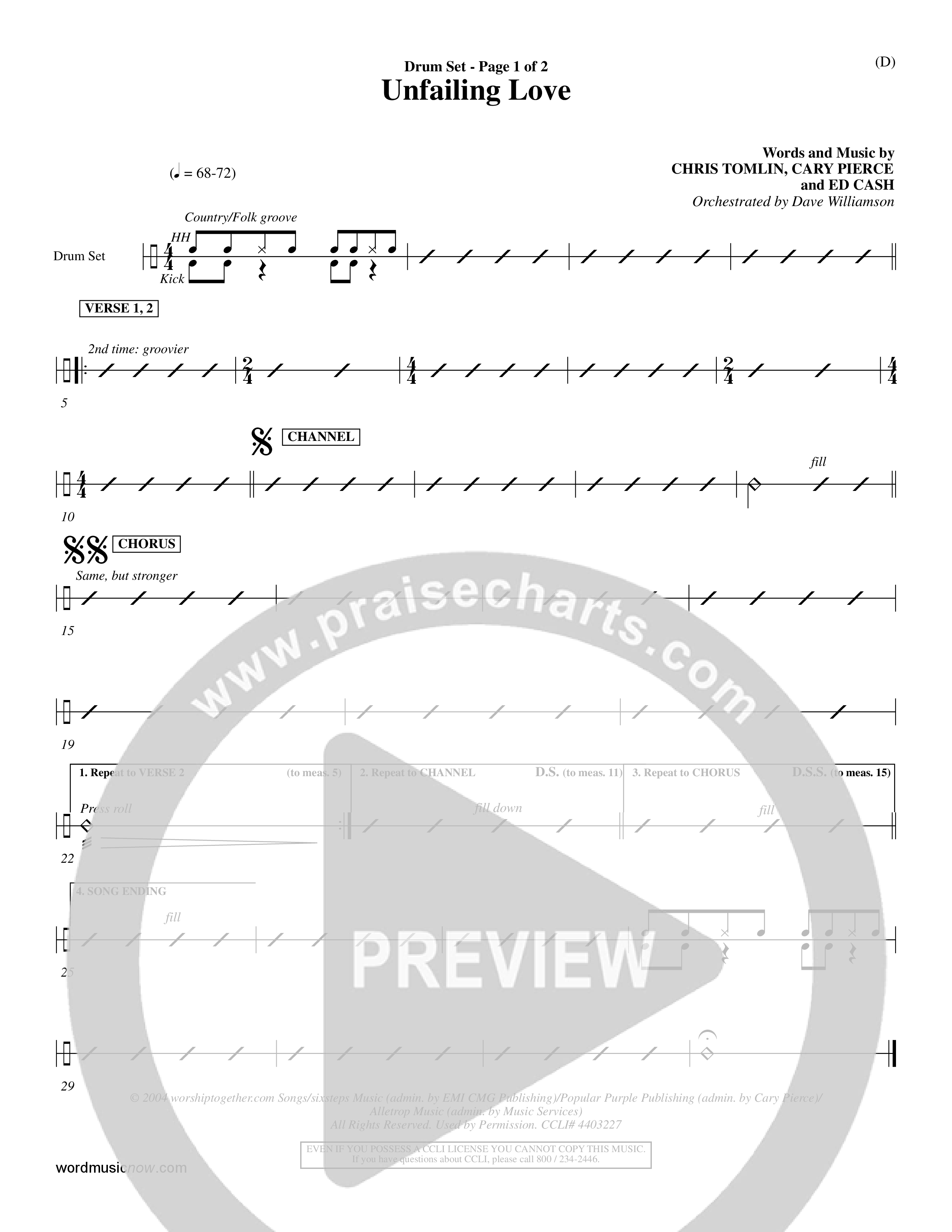 Unfailing Love (Choral Anthem SATB) Drum Set (Word Music Choral / Orch. Dave Williamson)