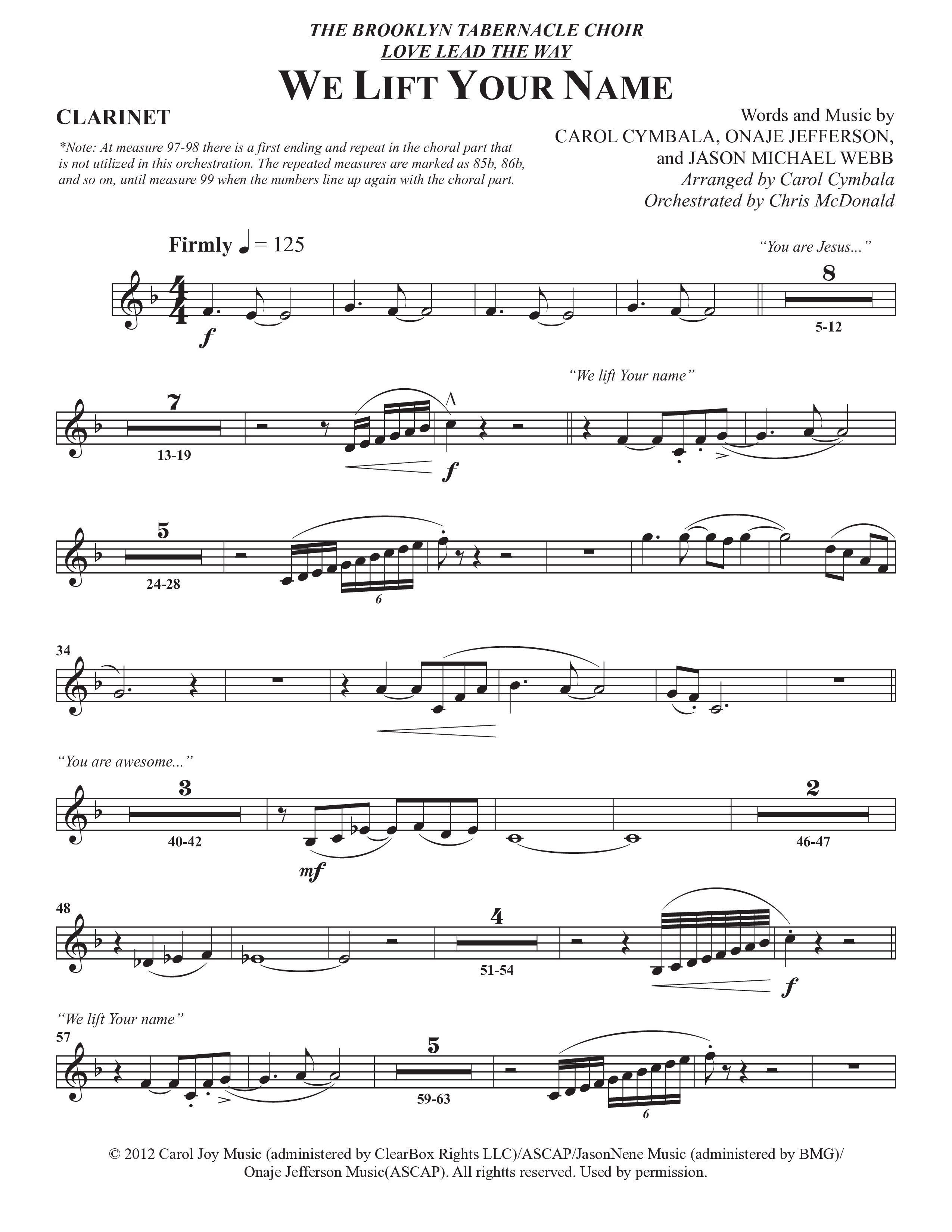 We Lift Your Name (Choral Anthem SATB) Clarinet (The Brooklyn Tabernacle Choir / Arr. Carol Cymbala / Orch. Chris McDonald)