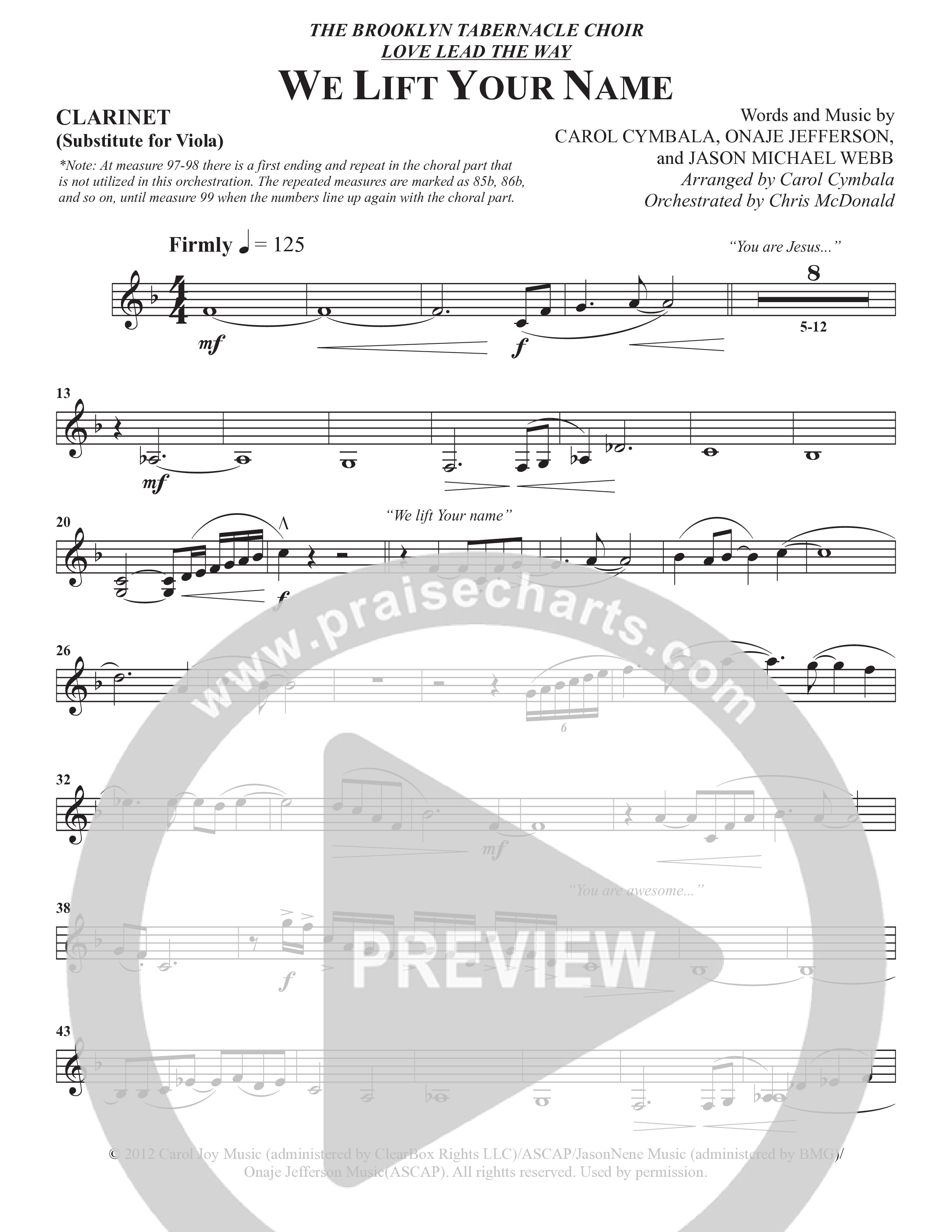 We Lift Your Name (Choral Anthem SATB) Clarinet (The Brooklyn Tabernacle Choir / Arr. Carol Cymbala / Orch. Chris McDonald)
