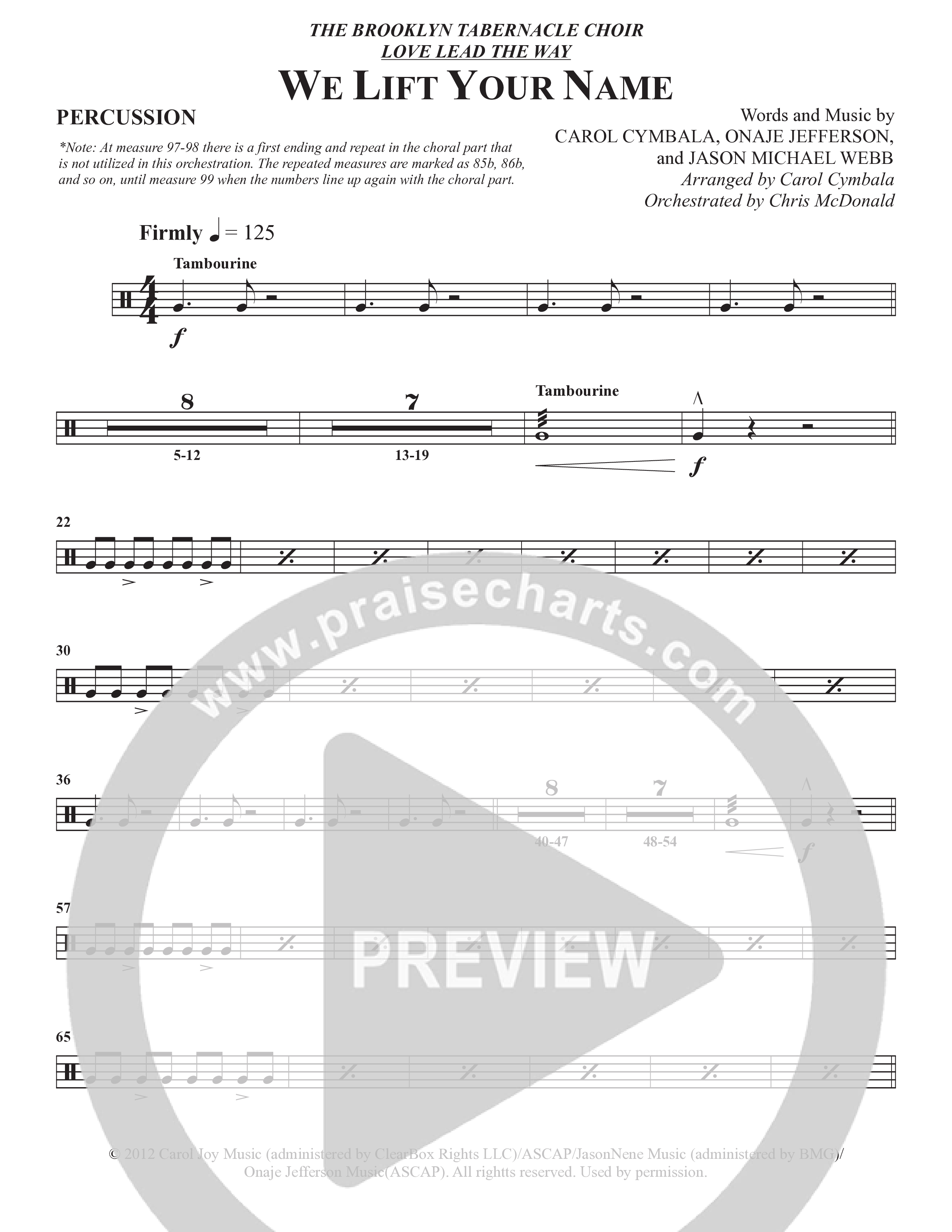 We Lift Your Name (Choral Anthem SATB) Percussion (The Brooklyn Tabernacle Choir / Arr. Carol Cymbala / Orch. Chris McDonald)