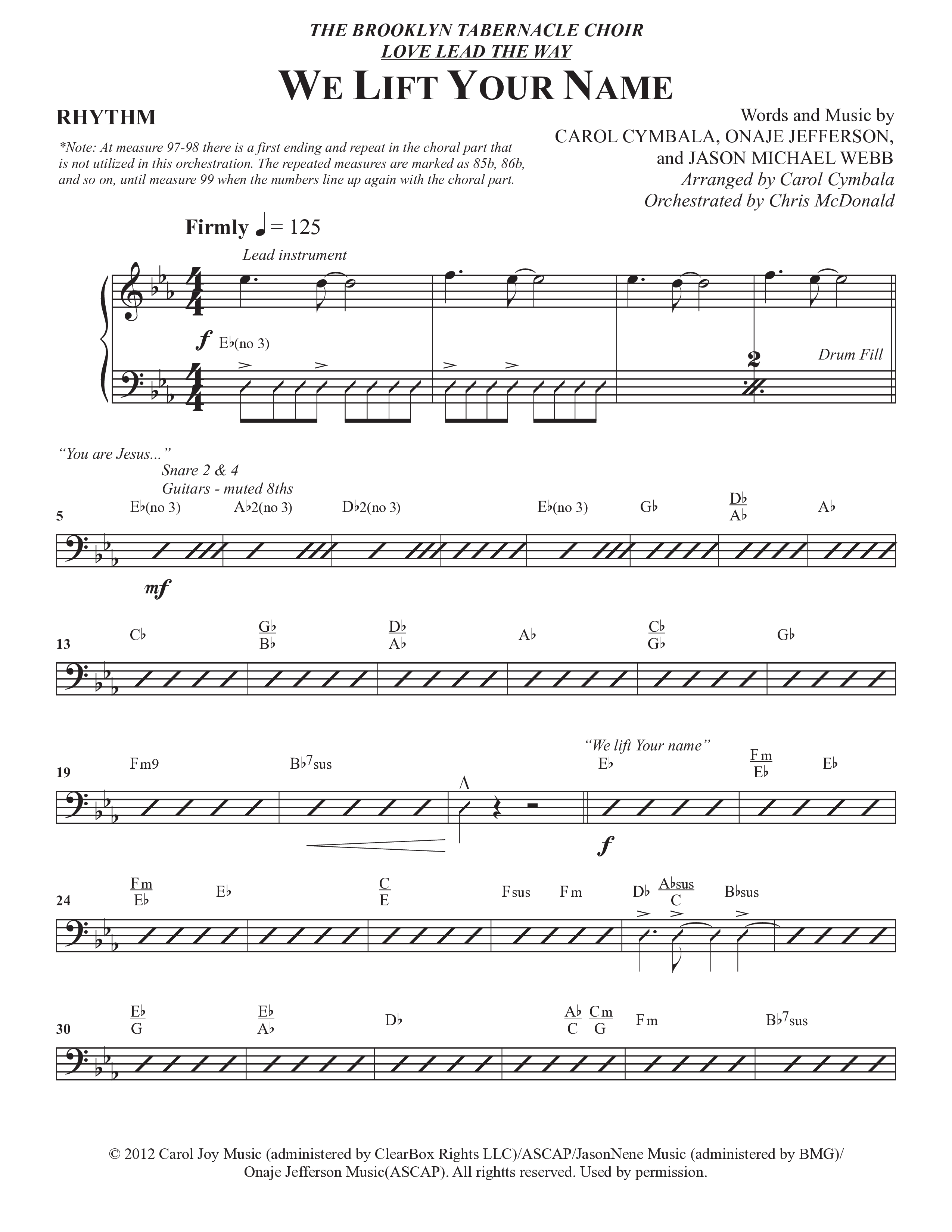 We Lift Your Name (Choral Anthem SATB) Rhythm Chart (The Brooklyn Tabernacle Choir / Arr. Carol Cymbala / Orch. Chris McDonald)