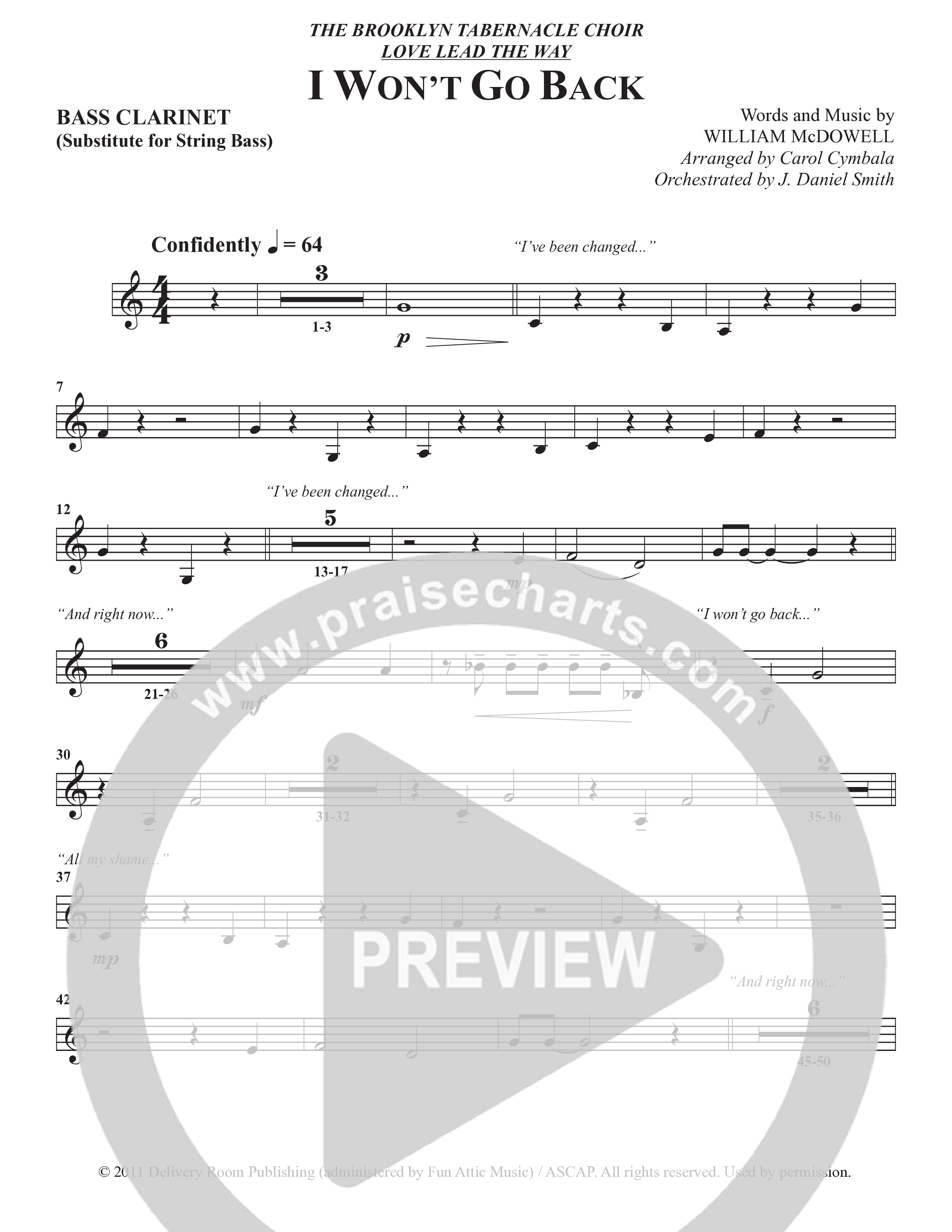 I Won't Go Back (Choral Anthem SATB) Bass Clarinet (The Brooklyn Tabernacle Choir / Arr. Carol Cymbala / Orch. J. Daniel Smith)