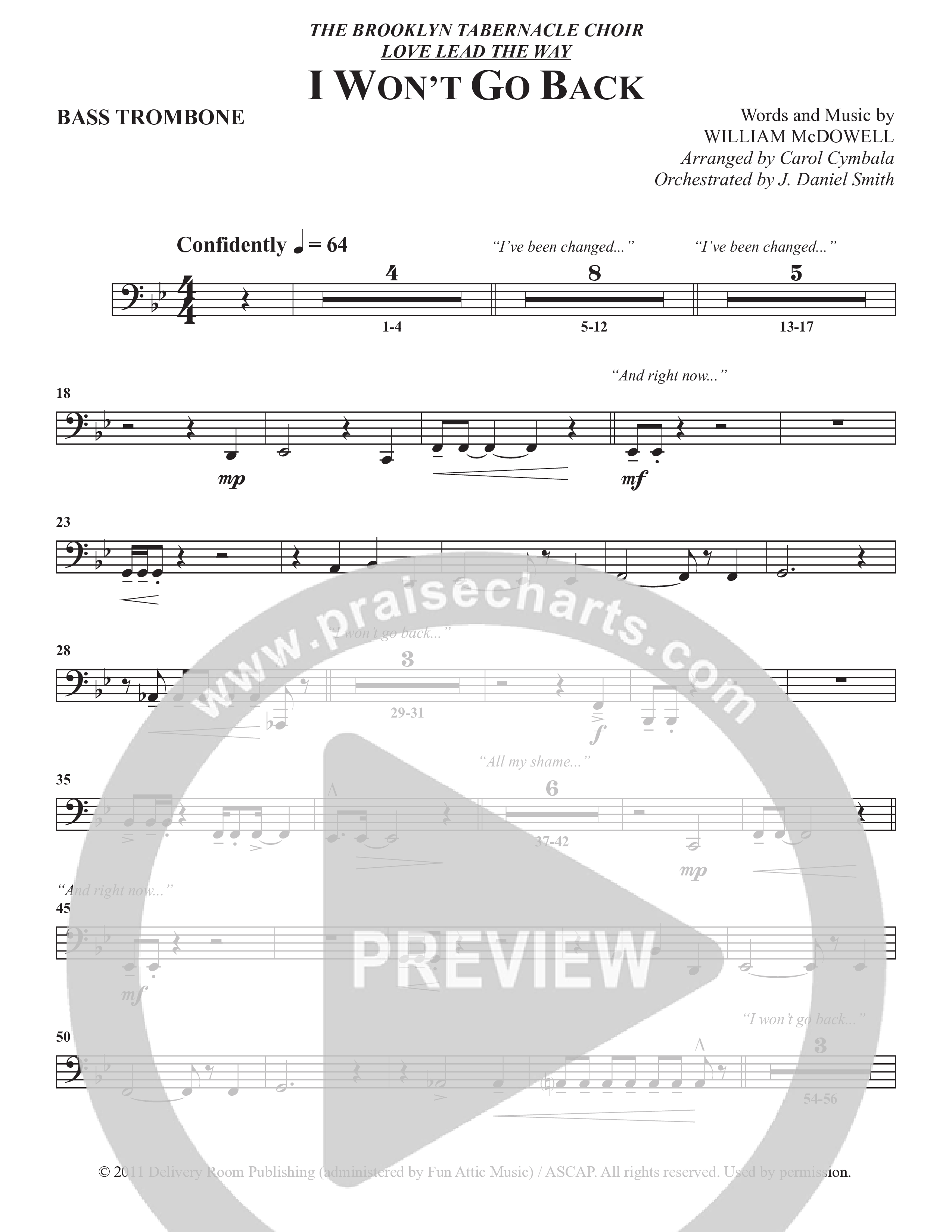 I Won't Go Back (Choral Anthem SATB) Bass Trombone (The Brooklyn Tabernacle Choir / Arr. Carol Cymbala / Orch. J. Daniel Smith)