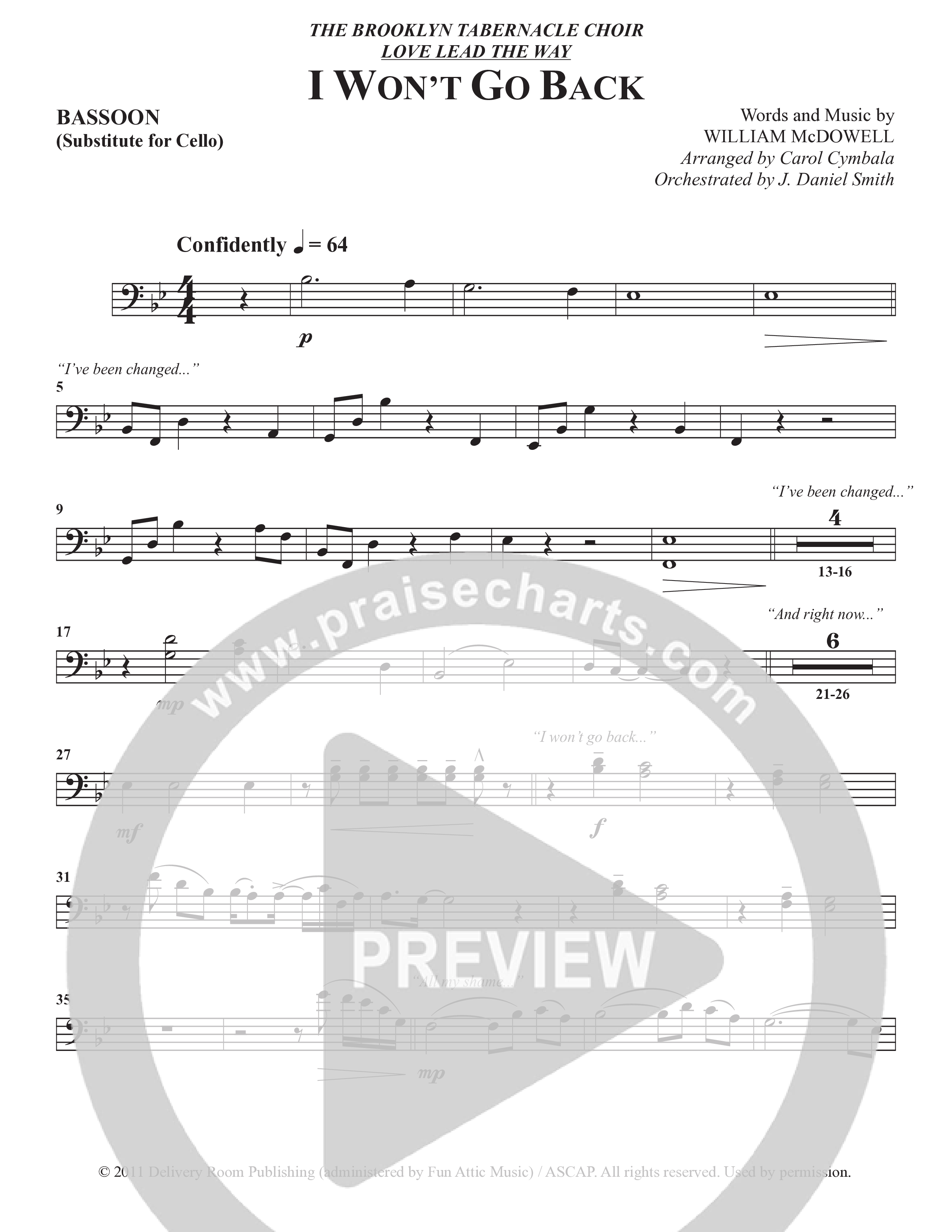 I Won't Go Back (Choral Anthem SATB) Bassoon (The Brooklyn Tabernacle Choir / Arr. Carol Cymbala / Orch. J. Daniel Smith)