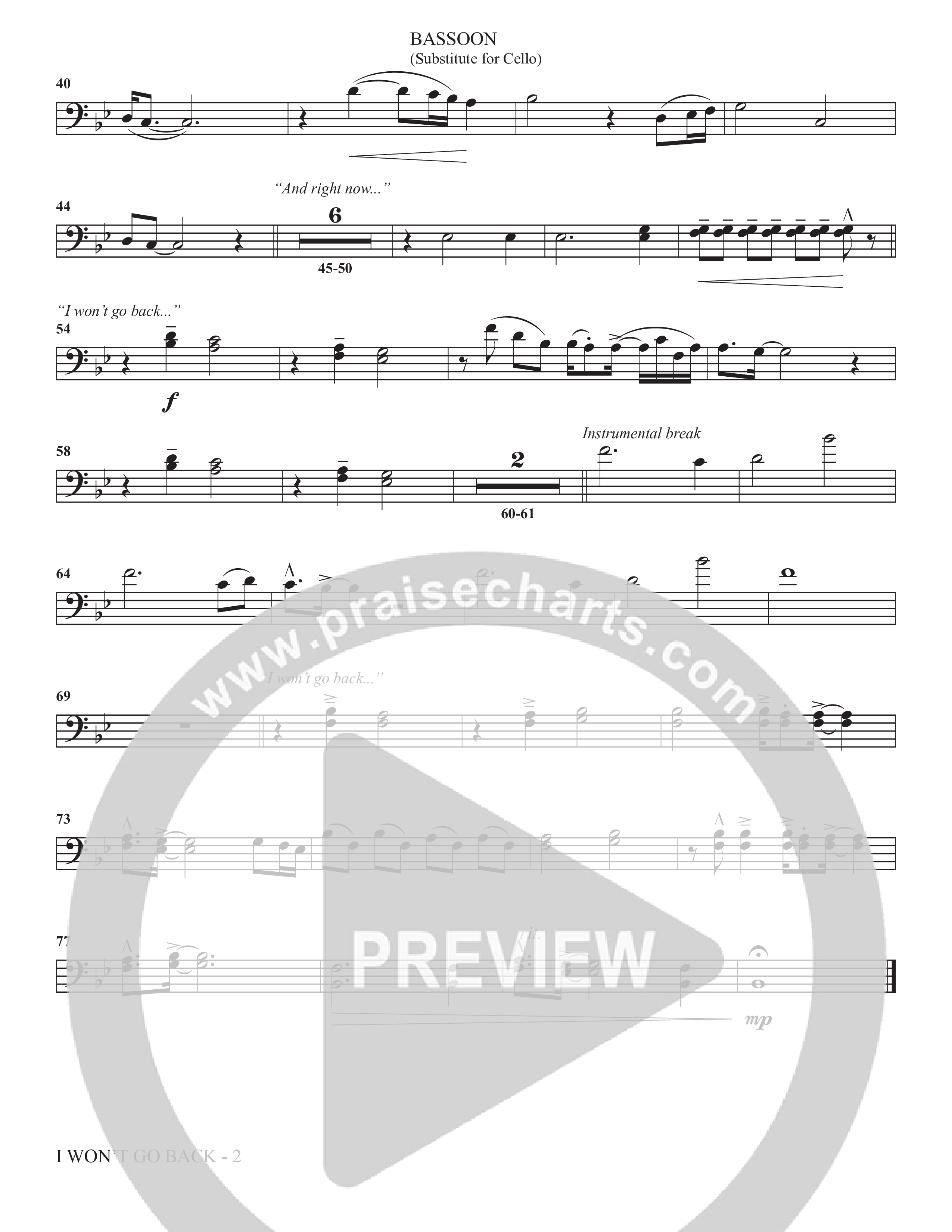 I Won't Go Back (Choral Anthem SATB) Bassoon (The Brooklyn Tabernacle Choir / Arr. Carol Cymbala / Orch. J. Daniel Smith)