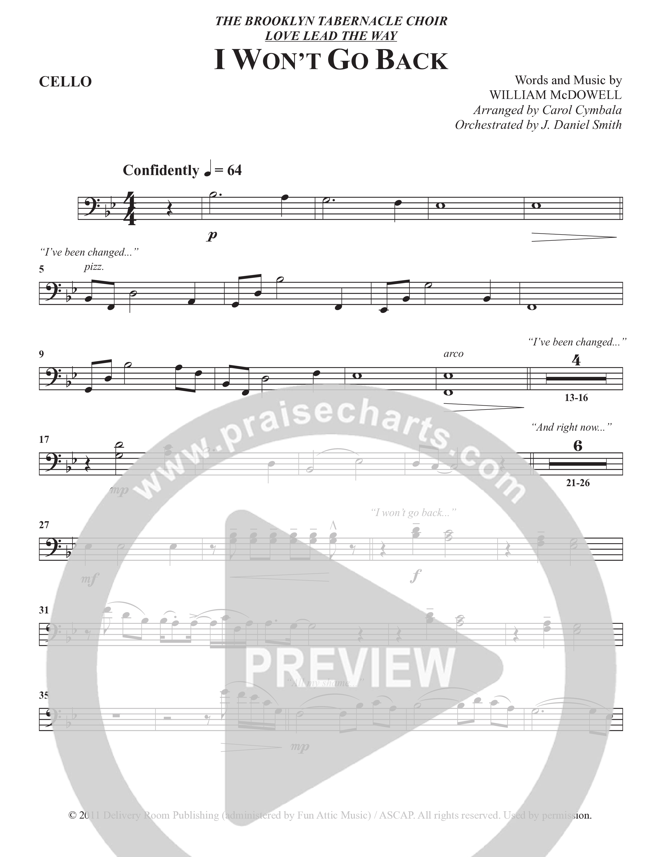 I Won't Go Back (Choral Anthem SATB) Cello (The Brooklyn Tabernacle Choir / Arr. Carol Cymbala / Orch. J. Daniel Smith)