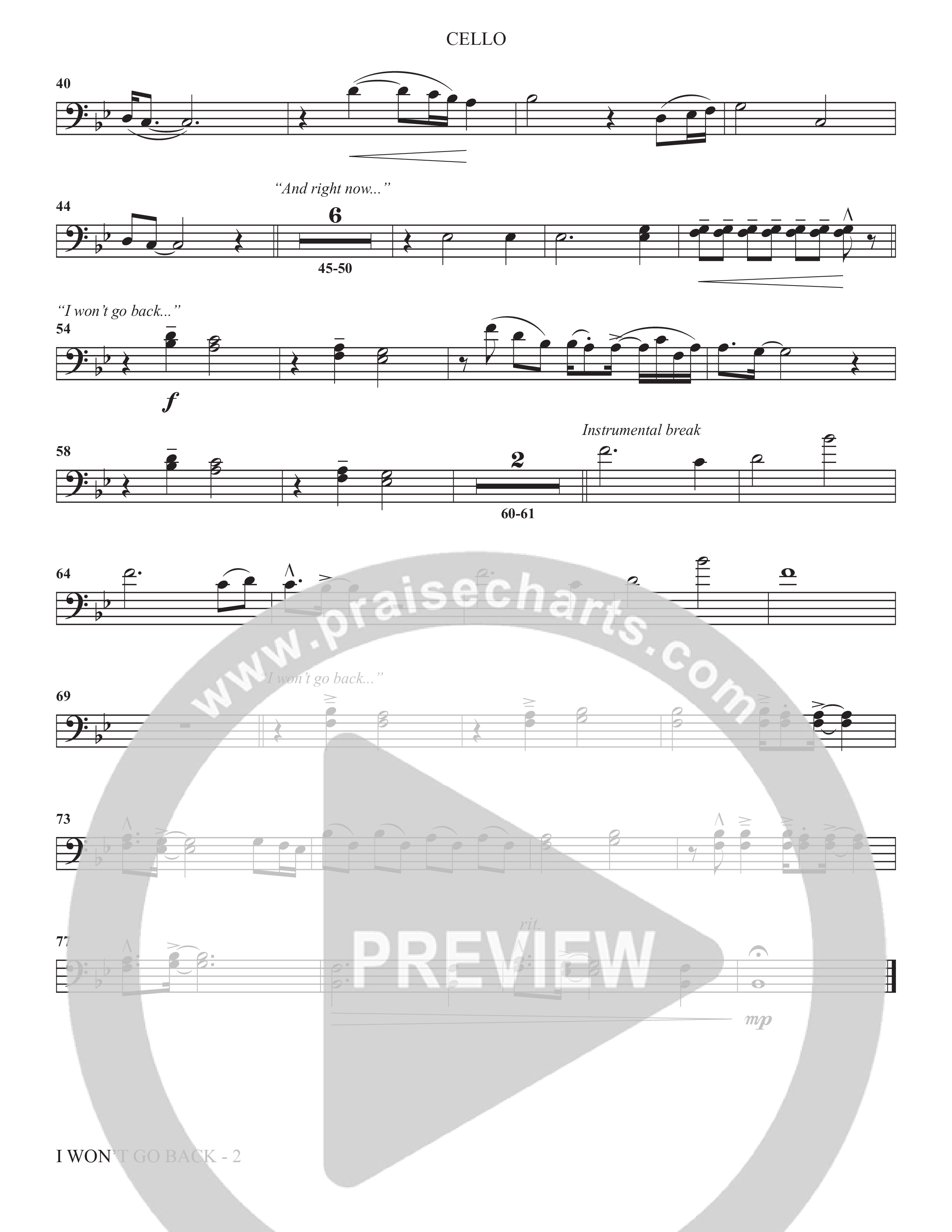 I Won't Go Back (Choral Anthem SATB) Cello (The Brooklyn Tabernacle Choir / Arr. Carol Cymbala / Orch. J. Daniel Smith)