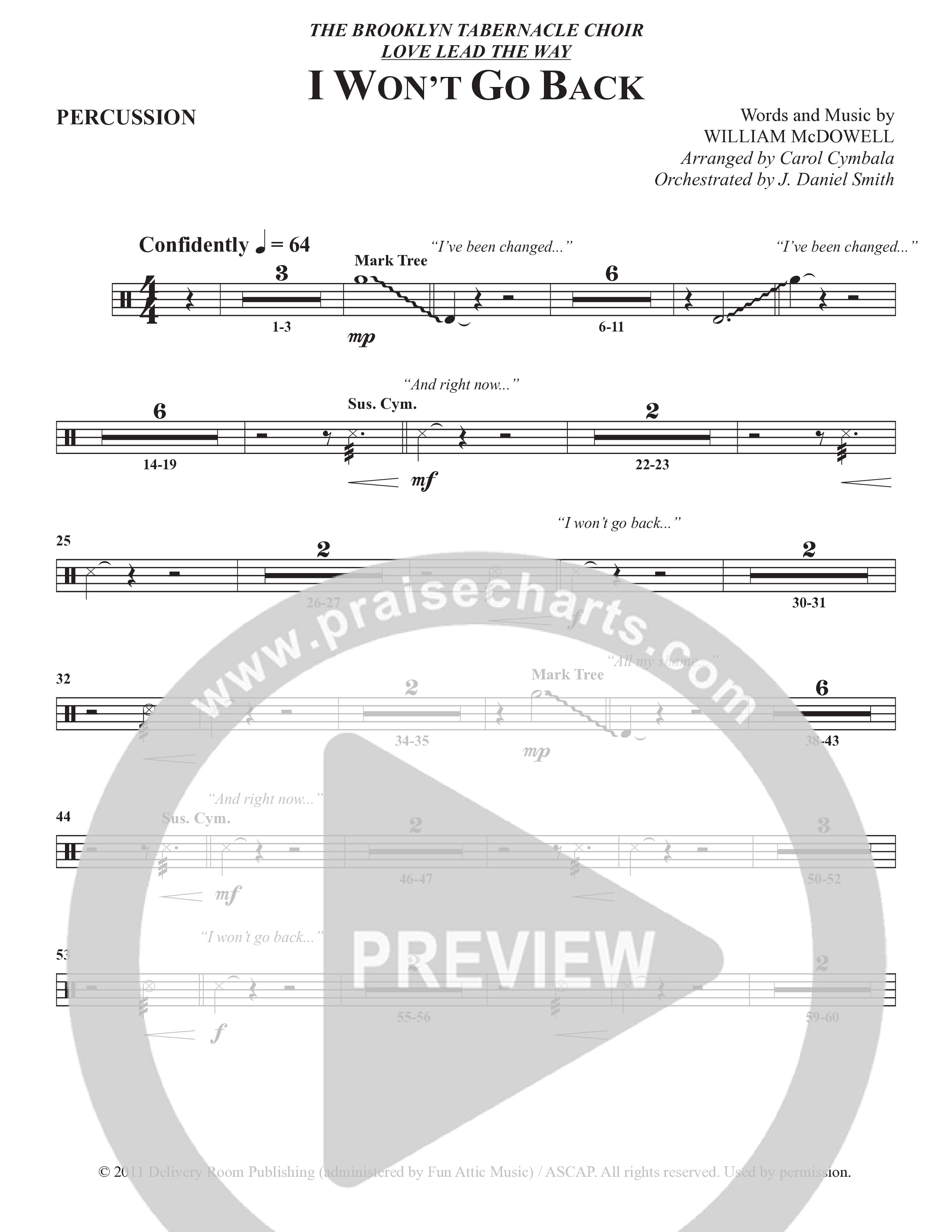 I Won't Go Back (Choral Anthem SATB) Percussion (The Brooklyn Tabernacle Choir / Arr. Carol Cymbala / Orch. J. Daniel Smith)