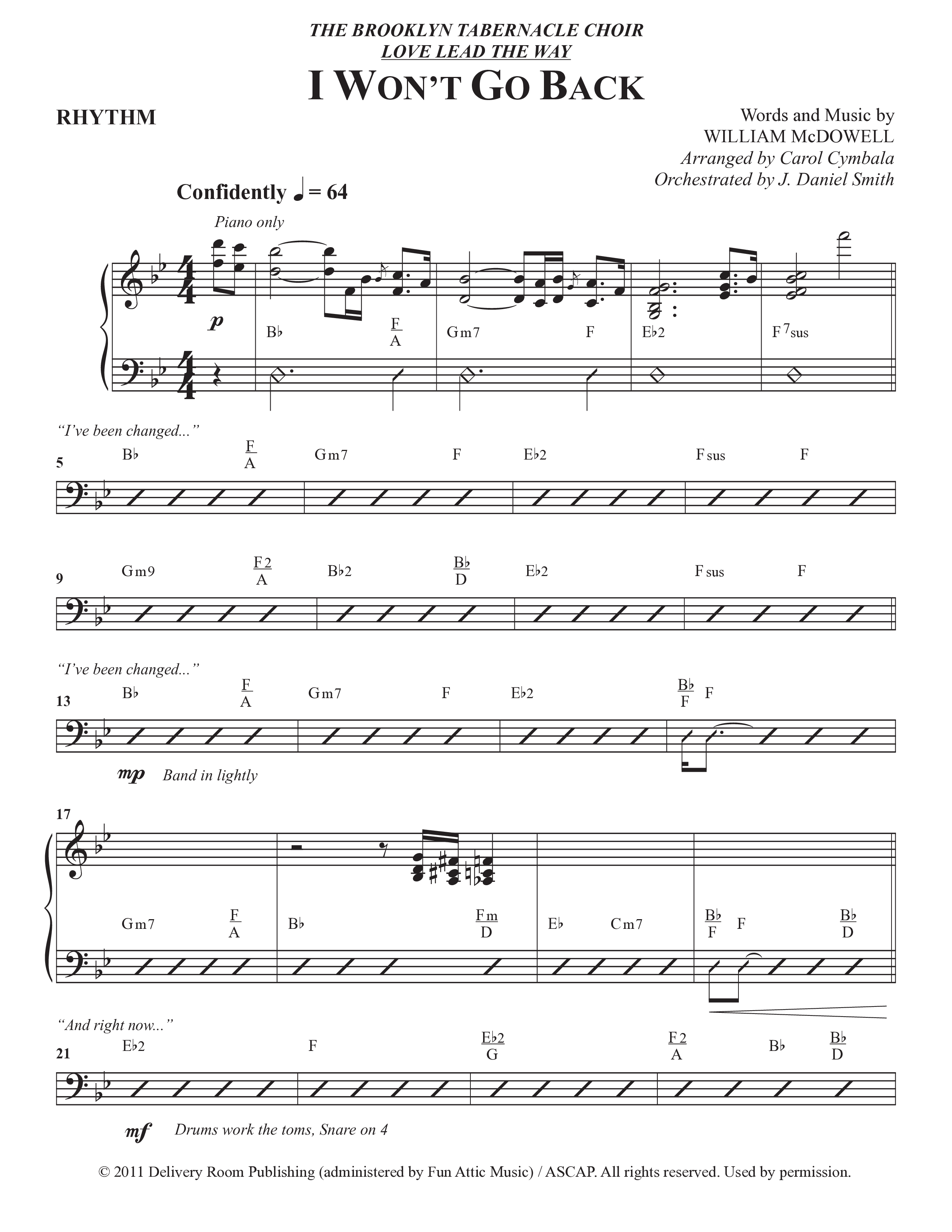 I Won't Go Back (Choral Anthem SATB) Rhythm Chart (The Brooklyn Tabernacle Choir / Arr. Carol Cymbala / Orch. J. Daniel Smith)