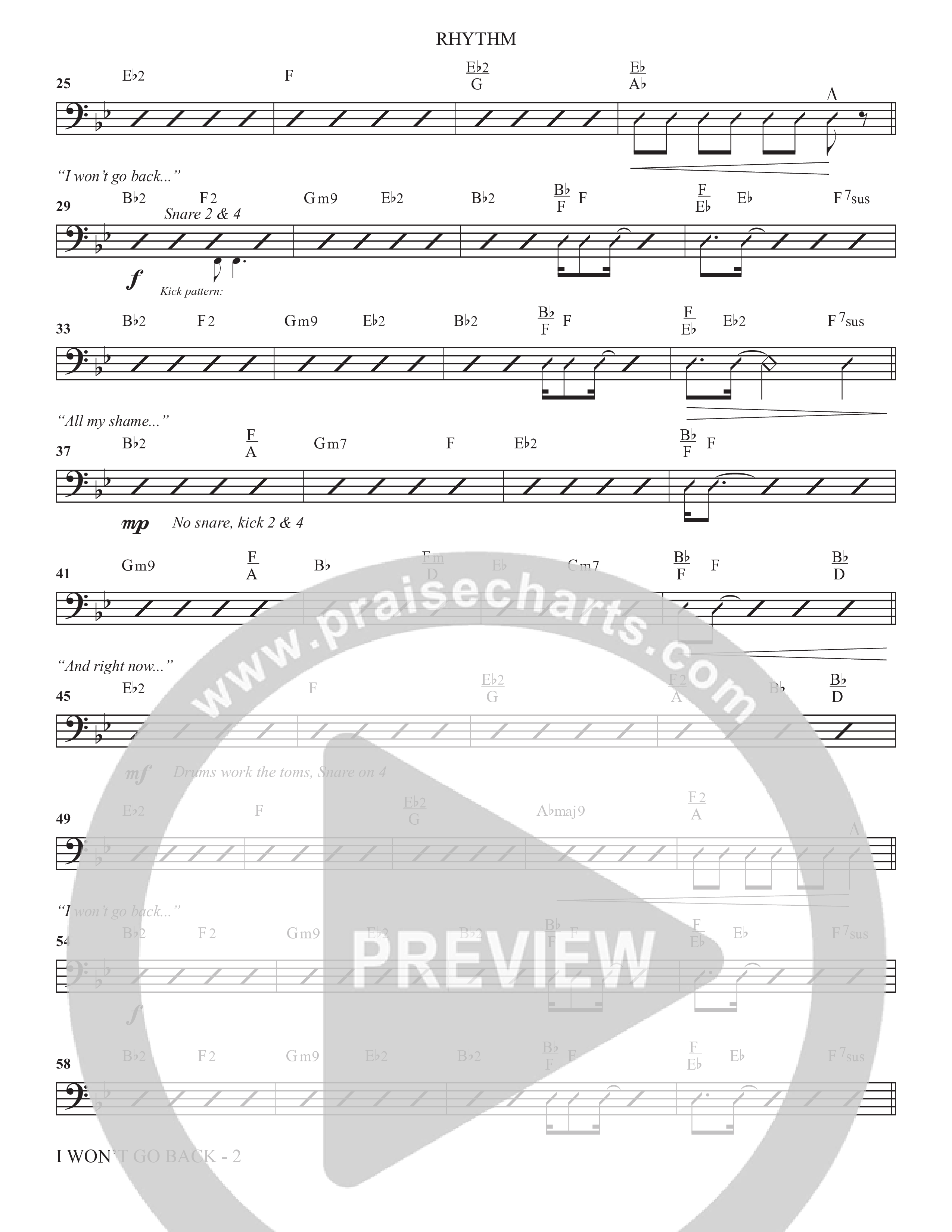 I Won't Go Back (Choral Anthem SATB) Rhythm Chart (The Brooklyn Tabernacle Choir / Arr. Carol Cymbala / Orch. J. Daniel Smith)