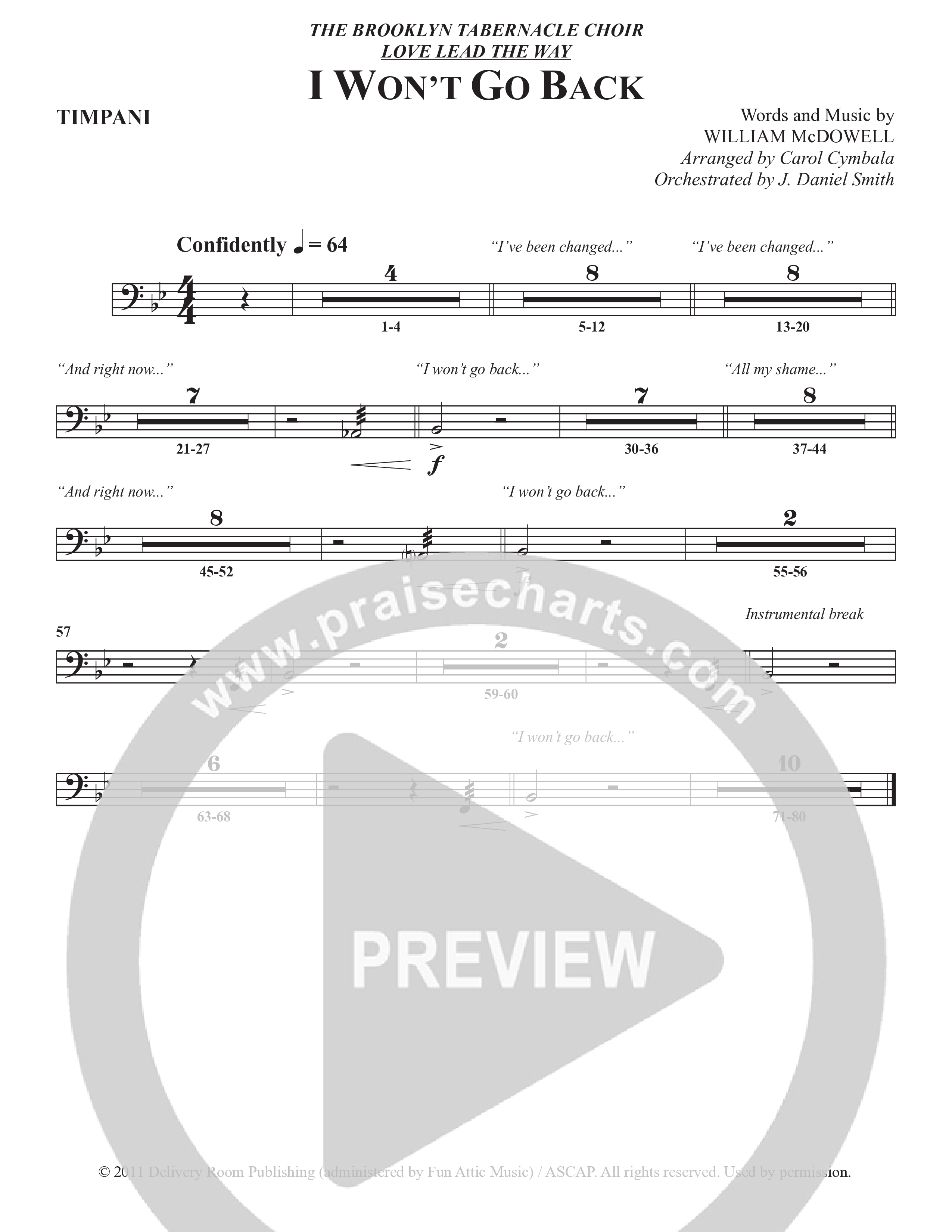 I Won't Go Back (Choral Anthem SATB) Timpani (The Brooklyn Tabernacle Choir / Arr. Carol Cymbala / Orch. J. Daniel Smith)