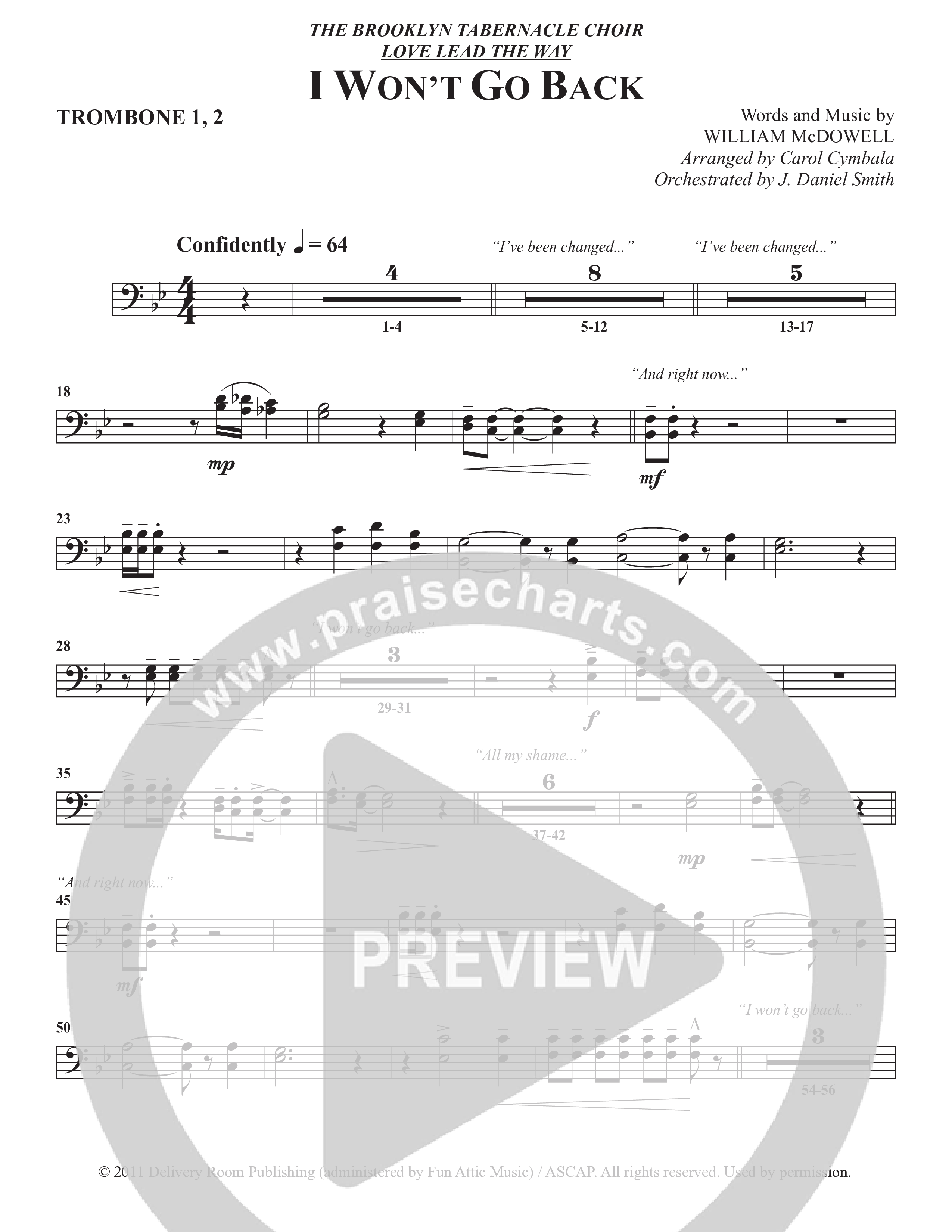 I Won't Go Back (Choral Anthem SATB) Trombone 1/2 (The Brooklyn Tabernacle Choir / Arr. Carol Cymbala / Orch. J. Daniel Smith)