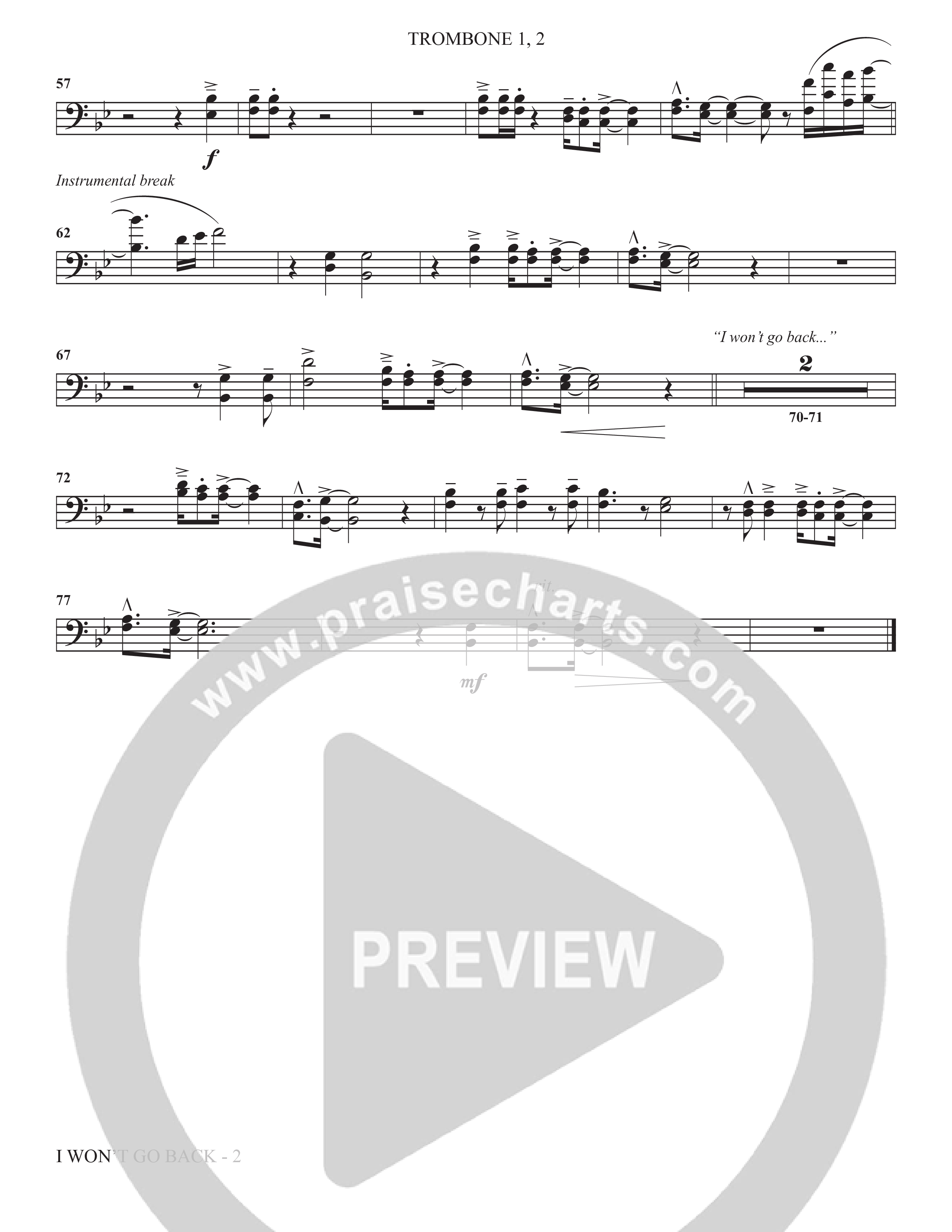 I Won't Go Back (Choral Anthem SATB) Trombone 1/2 (The Brooklyn Tabernacle Choir / Arr. Carol Cymbala / Orch. J. Daniel Smith)
