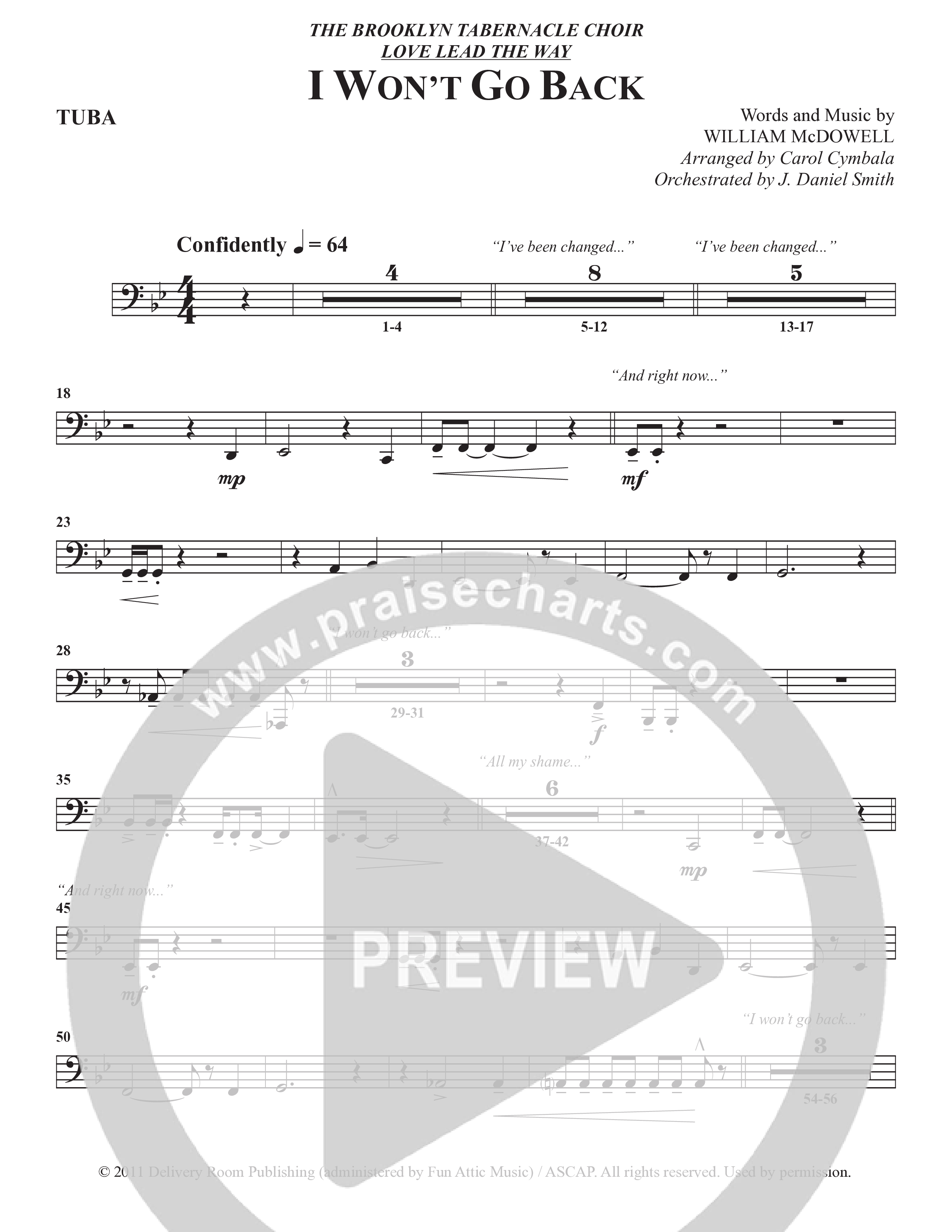 I Won't Go Back (Choral Anthem SATB) Tuba (The Brooklyn Tabernacle Choir / Arr. Carol Cymbala / Orch. J. Daniel Smith)