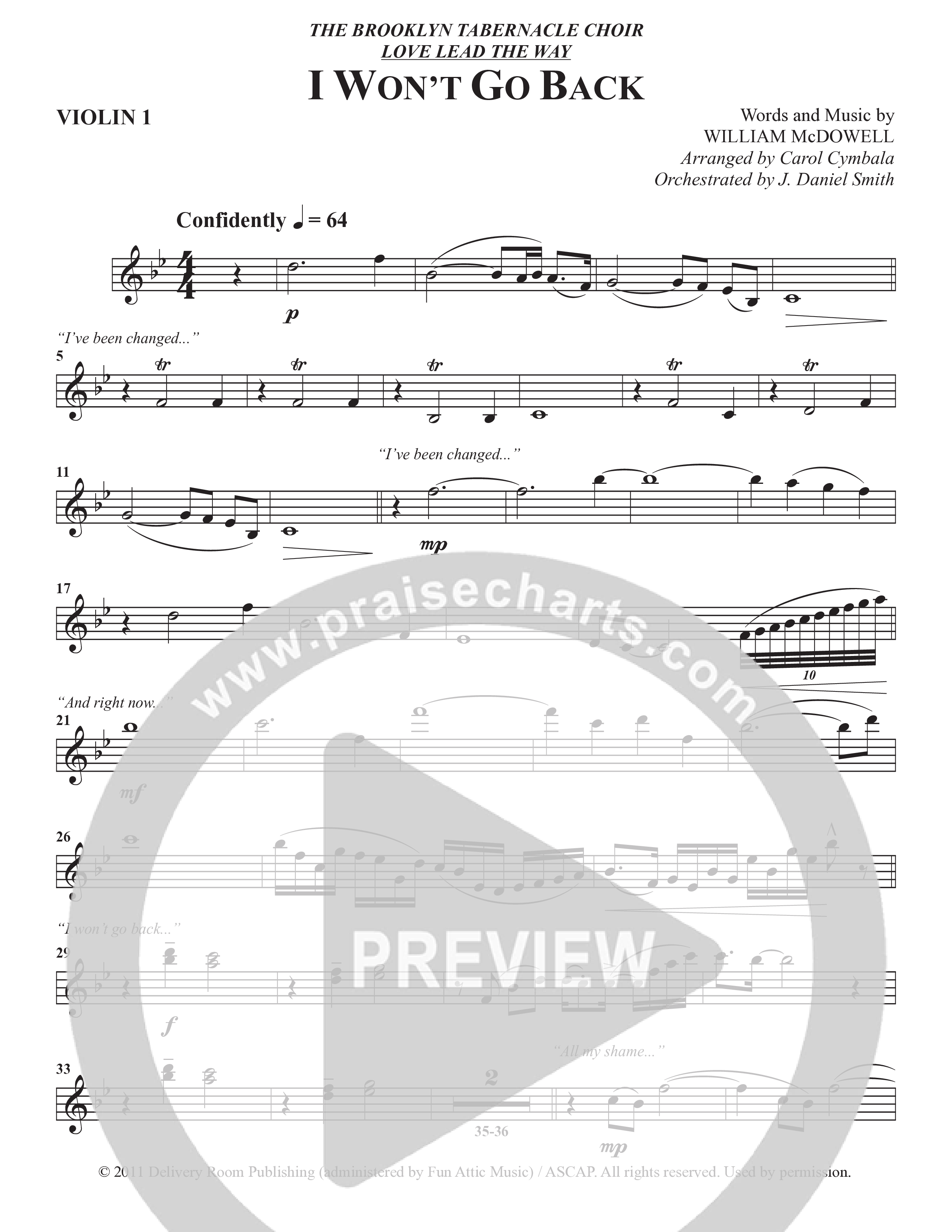 I Won't Go Back (Choral Anthem SATB) Violin 1 (The Brooklyn Tabernacle Choir / Arr. Carol Cymbala / Orch. J. Daniel Smith)