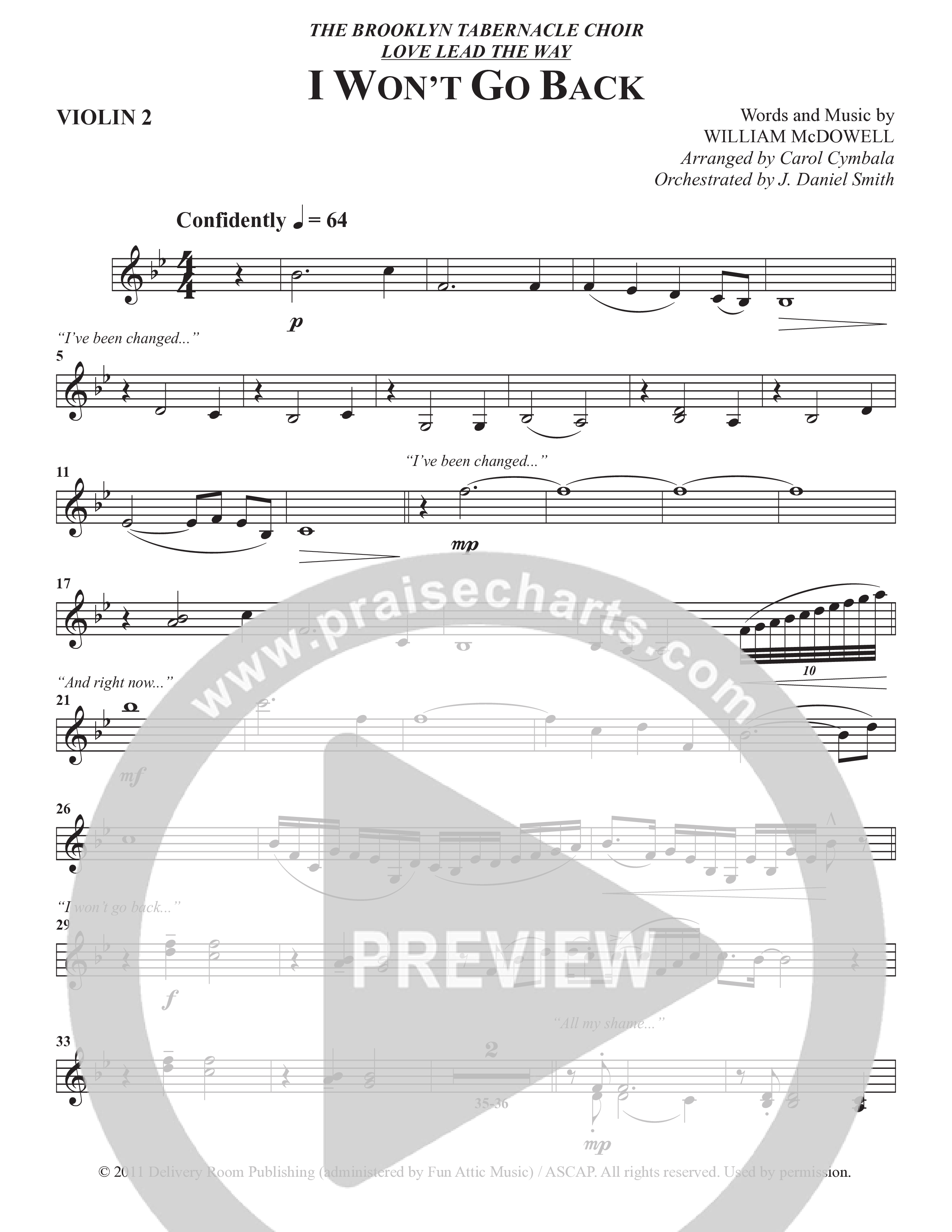 I Won't Go Back (Choral Anthem SATB) Violin 2 (The Brooklyn Tabernacle Choir / Arr. Carol Cymbala / Orch. J. Daniel Smith)