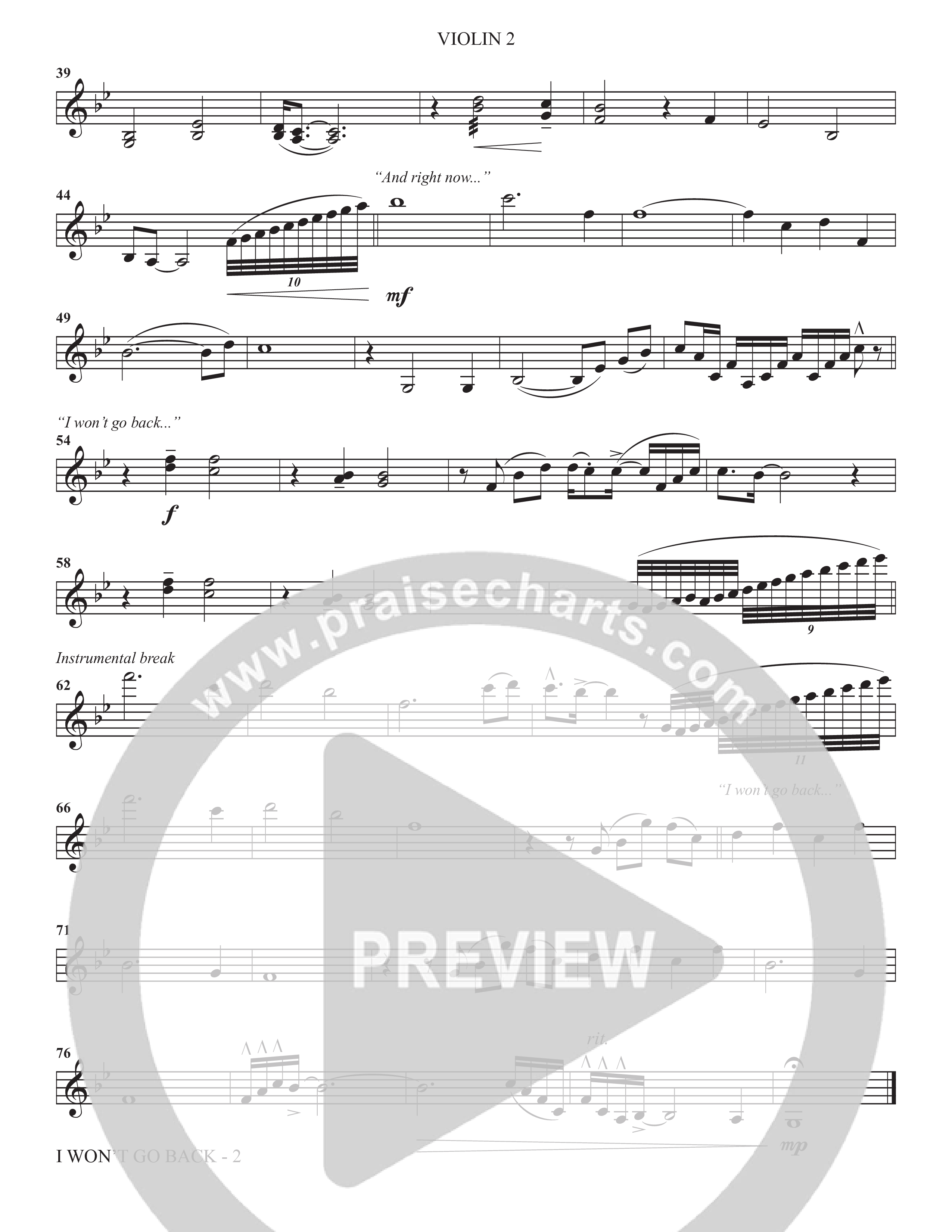 I Won't Go Back (Choral Anthem SATB) Violin 2 (The Brooklyn Tabernacle Choir / Arr. Carol Cymbala / Orch. J. Daniel Smith)