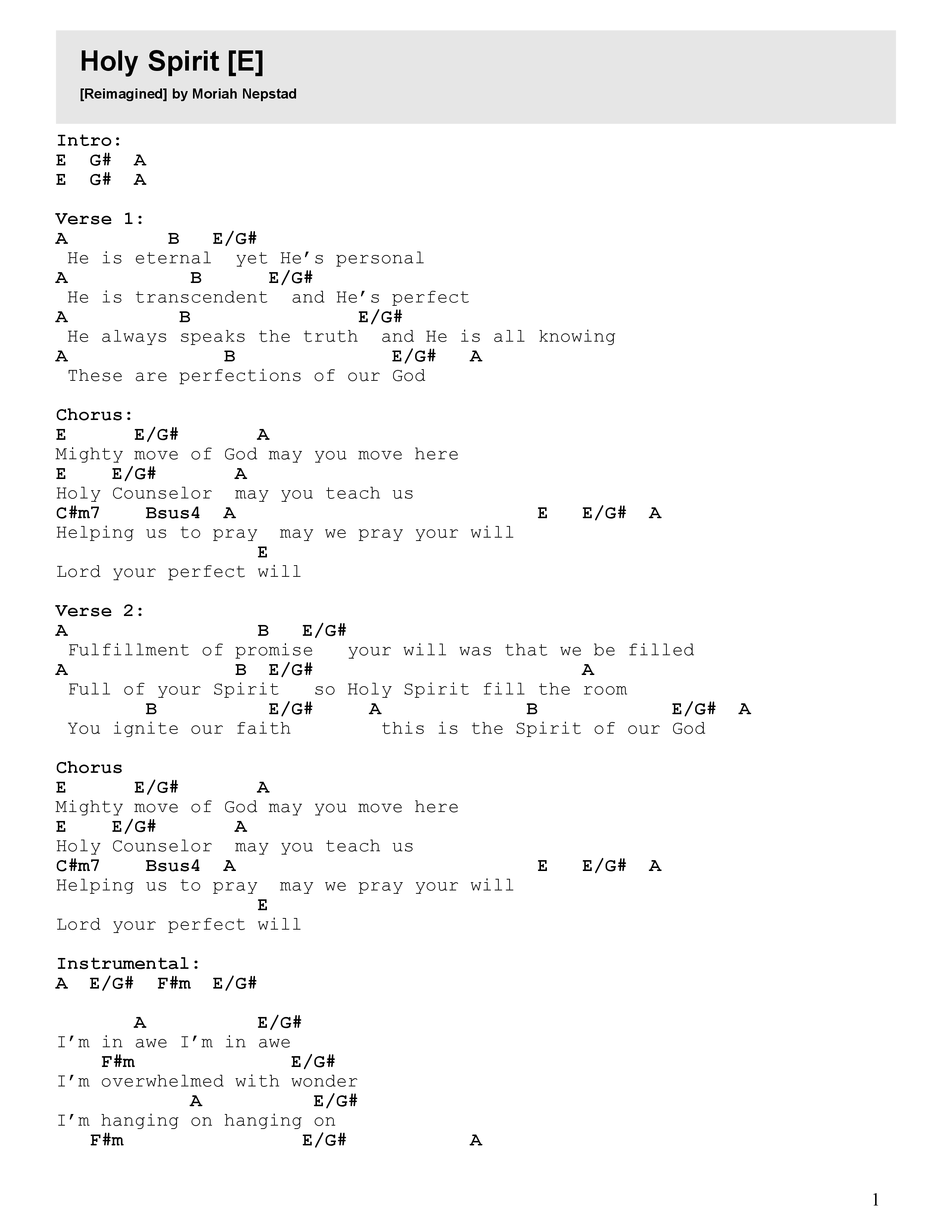 Holy Spirit (Reimagined) Chord Chart (FC Music)