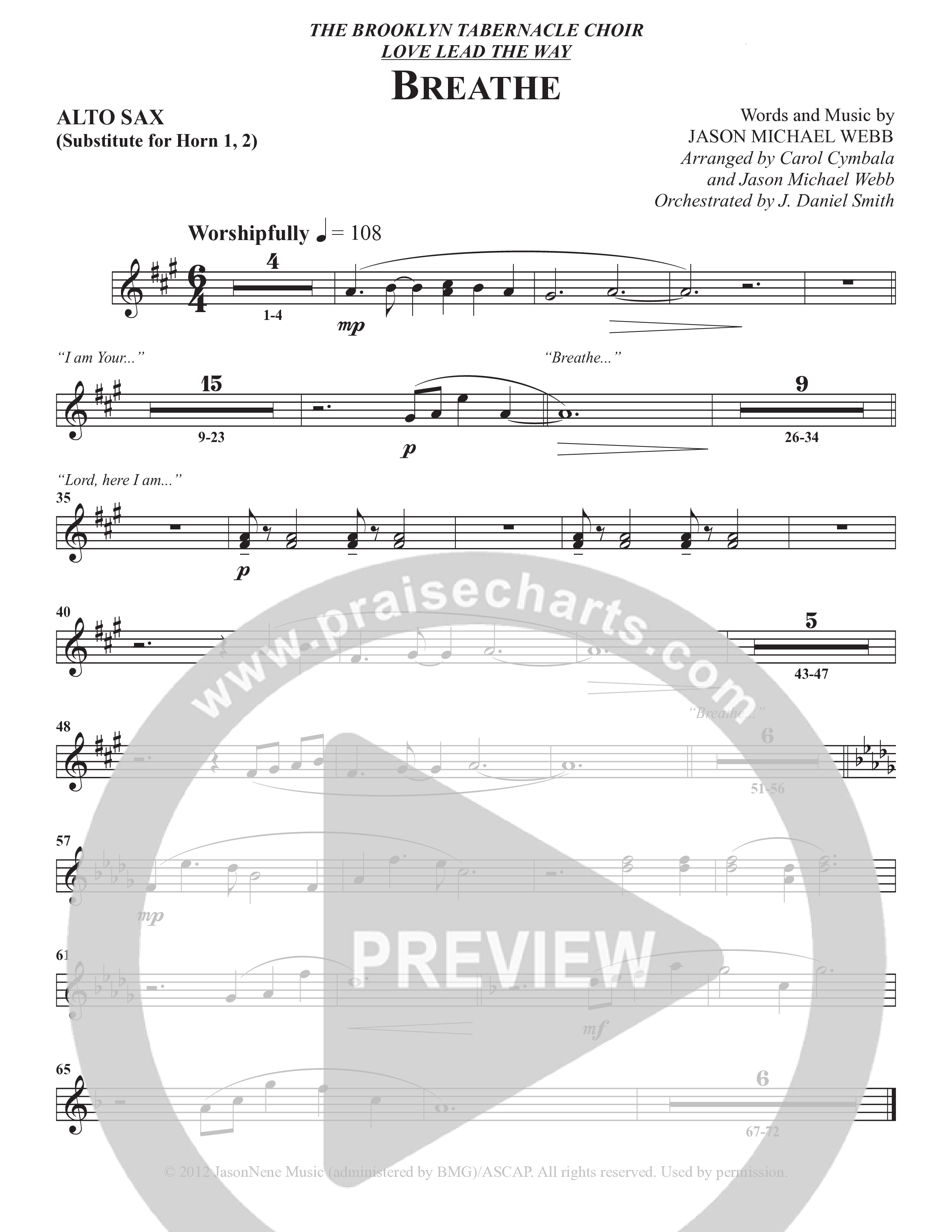 Breathe (Choral Anthem SATB) Alto Sax (The Brooklyn Tabernacle Choir / Arr. Carol Cymbala / Arr. Jason Webb / Orch. J. Daniel Smith)