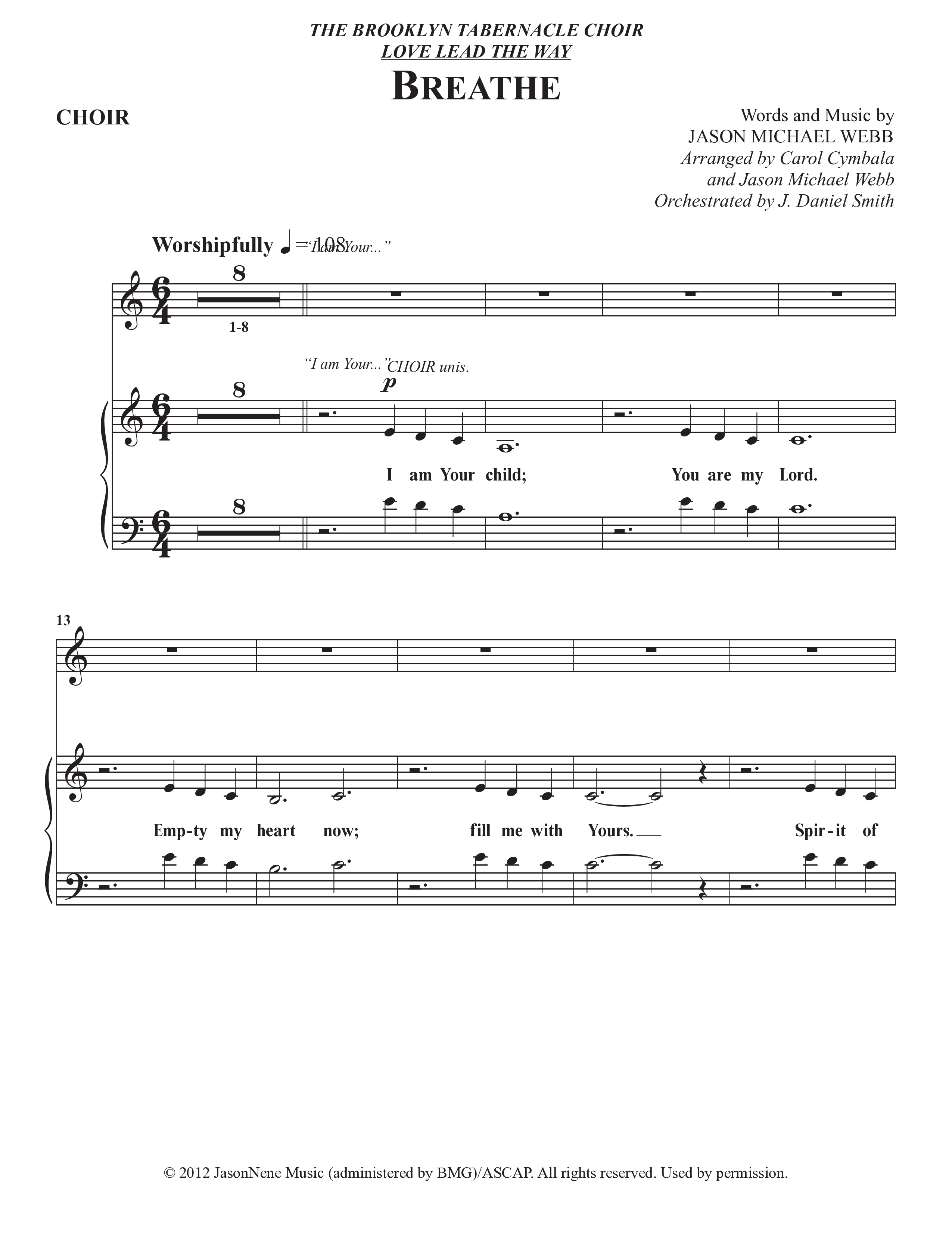 Breathe (Choral Anthem SATB) Choir Sheet (SATB) (The Brooklyn Tabernacle Choir / Arr. Carol Cymbala / Arr. Jason Webb / Orch. J. Daniel Smith)