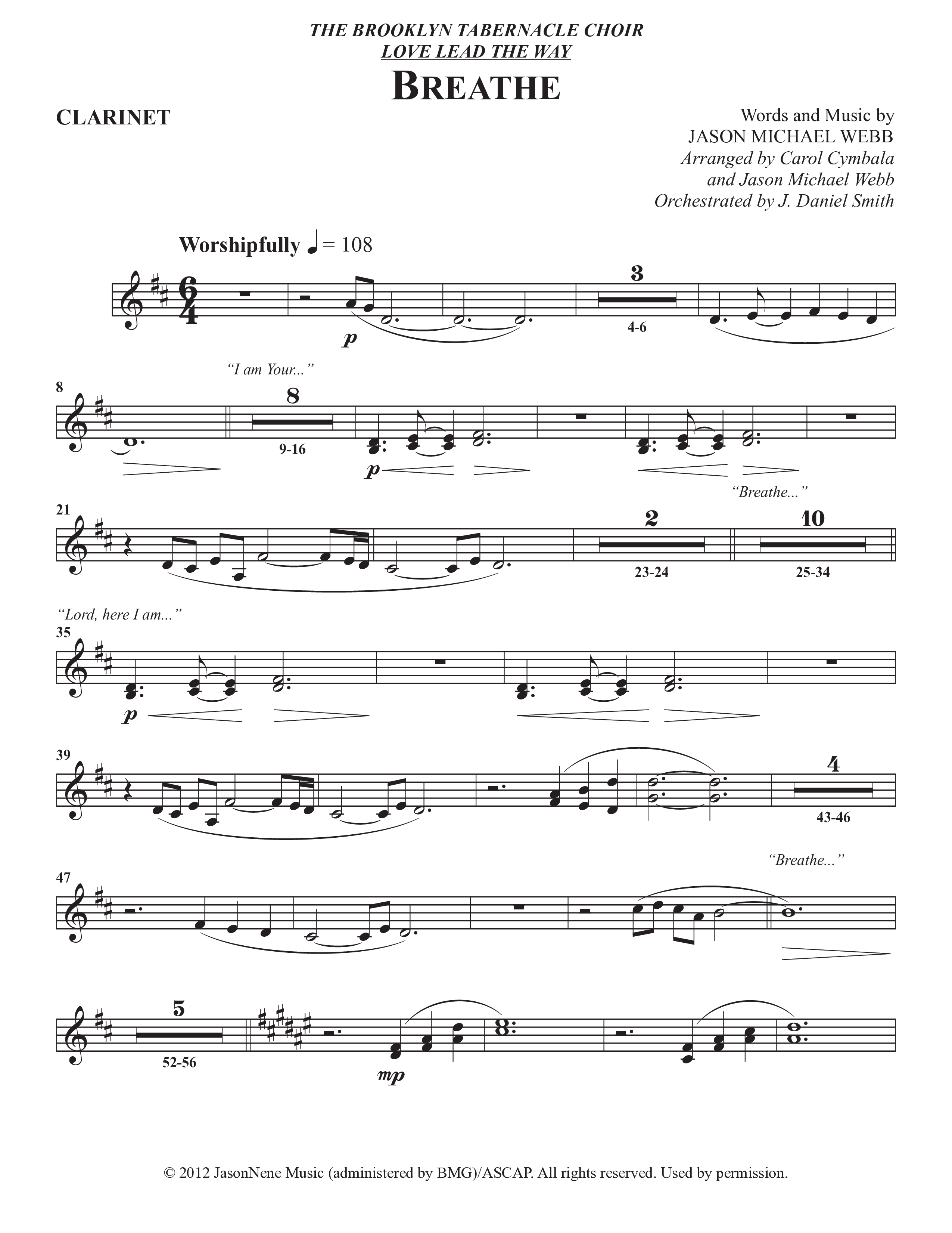 Breathe (Choral Anthem SATB) Clarinet (The Brooklyn Tabernacle Choir / Arr. Carol Cymbala / Arr. Jason Webb / Orch. J. Daniel Smith)