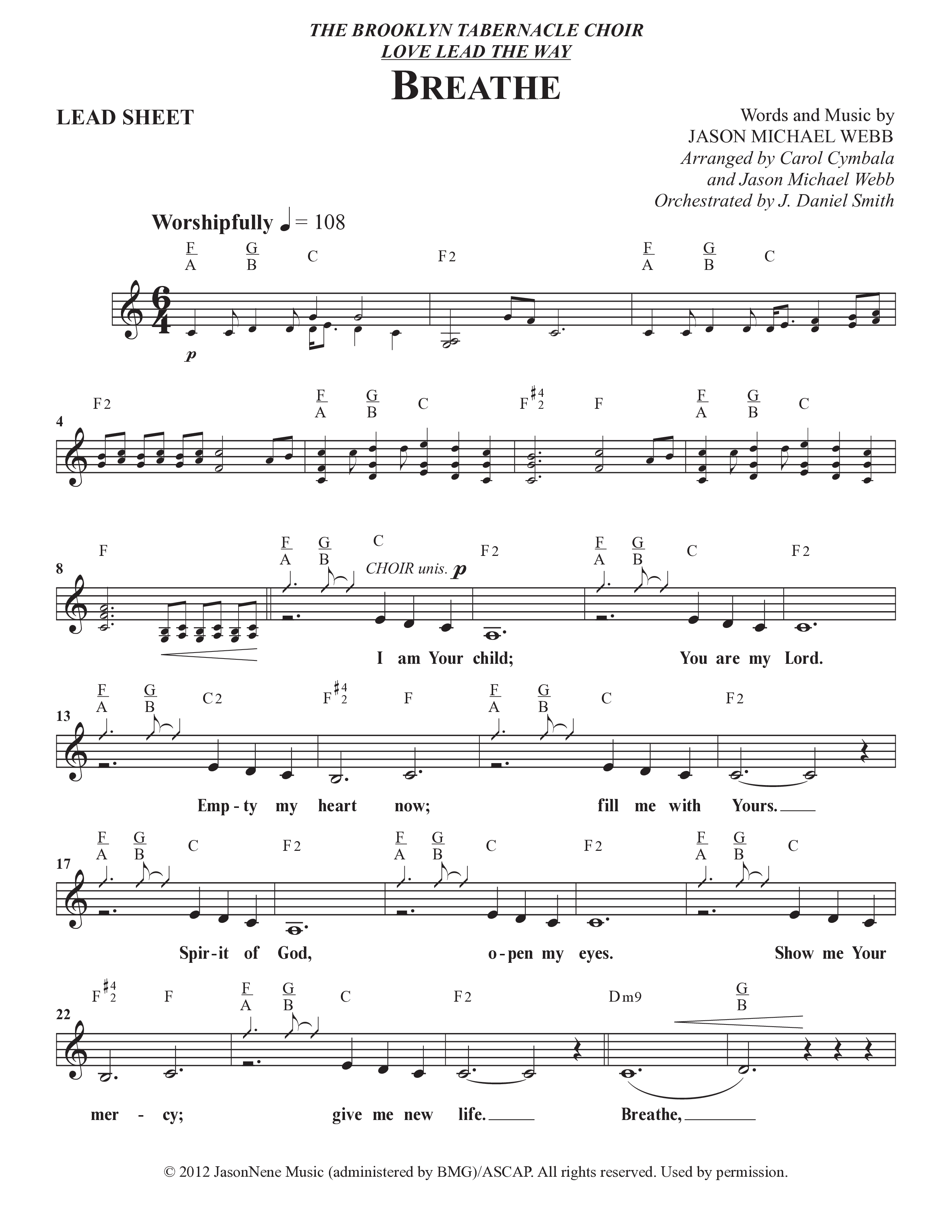 Breathe (Choral Anthem SATB) Lead Sheet (Melody) (The Brooklyn Tabernacle Choir / Arr. Carol Cymbala / Arr. Jason Webb / Orch. J. Daniel Smith)