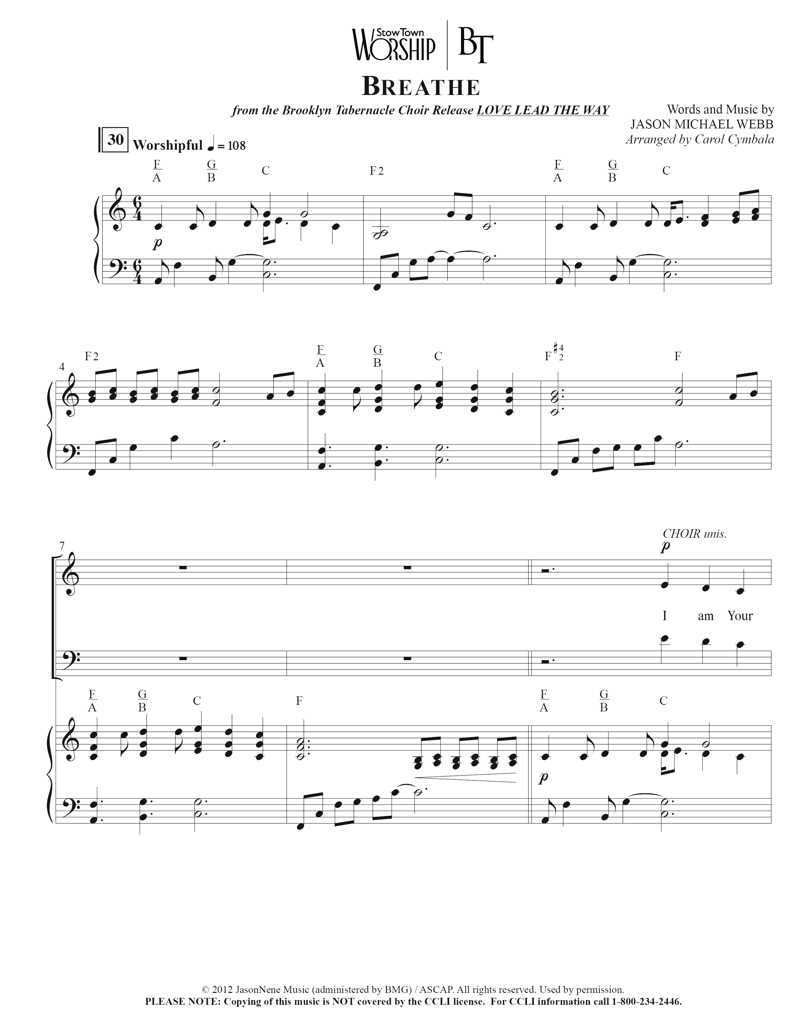 Breathe (Choral Anthem SATB) Anthem (SATB/Piano) (The Brooklyn Tabernacle Choir / Arr. Carol Cymbala / Arr. Jason Webb / Orch. J. Daniel Smith)